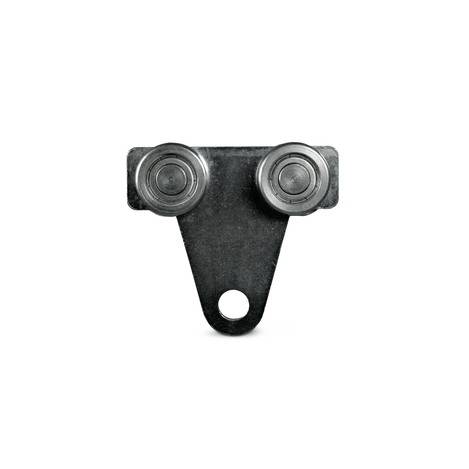 A triangular metal bracket features two circular bearing wheels on the top and a mounting hole at the bottom. It appears designed for mechanical or conveyor systems, placed against a neutral background.