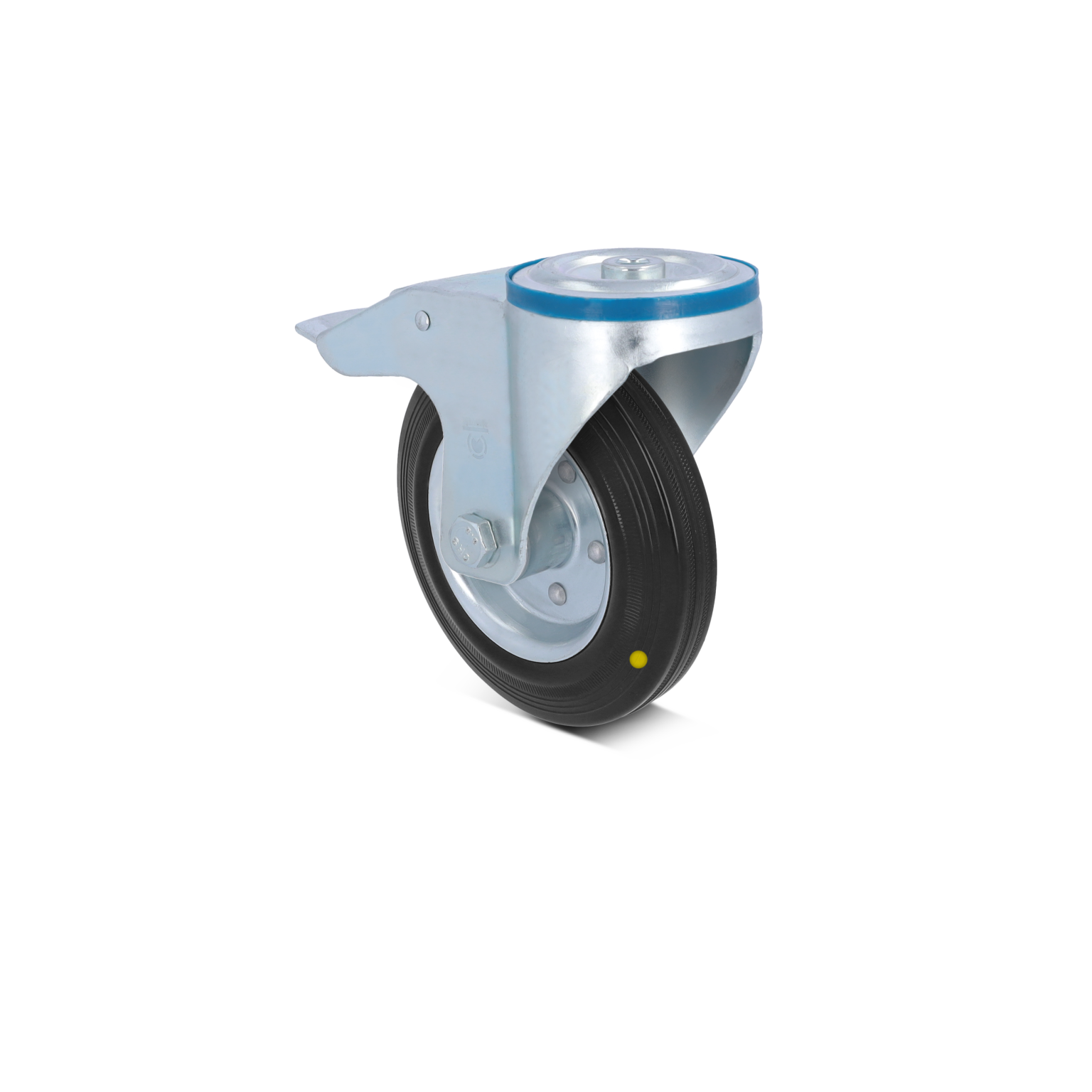 A swivel castor wheel with a durable black rubber tire and a metallic silver mounting plate. The wheel is designed for mobility, showcasing a smooth finish and a blue accent ring.