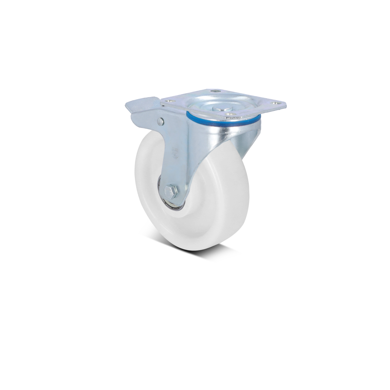 A swivel wheel with a white polymer body and a metallic mounting plate. It features a blue rubber ring near the top for smooth rotation, suitable for industrial applications in material handling.