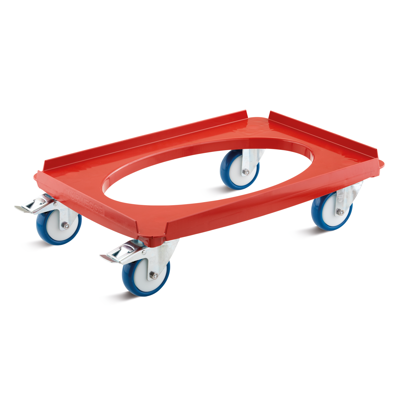 Red transport dolly features a rectangular frame with an oval opening. It includes four swivel wheels with blue rubber tires mounted on a sturdy metal base, suitable for moving items easily.