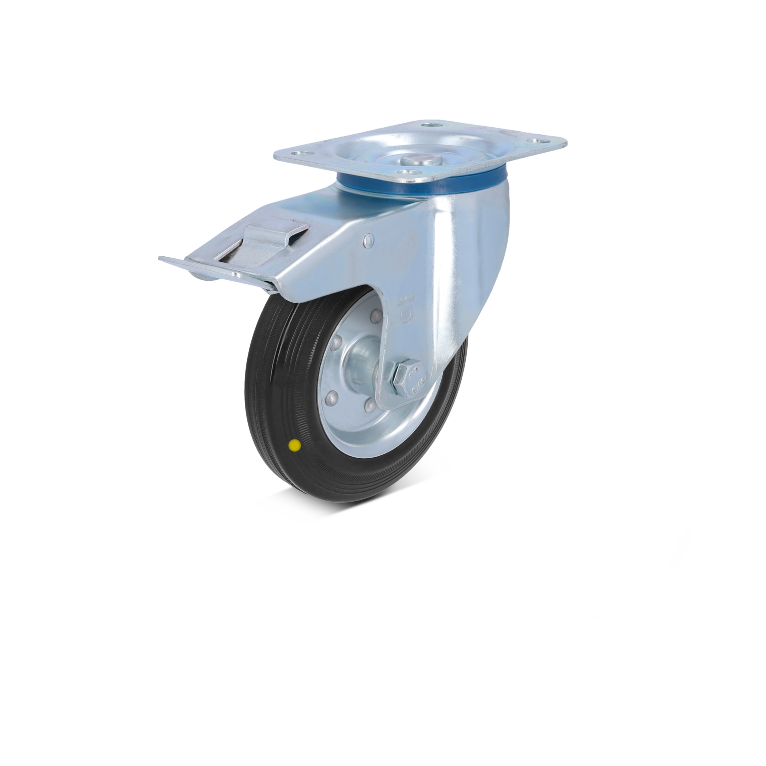A swivel castor with a solid rubber tire and metal housing is displayed. It features a mounting plate for attachment and is designed for durability in material handling contexts.