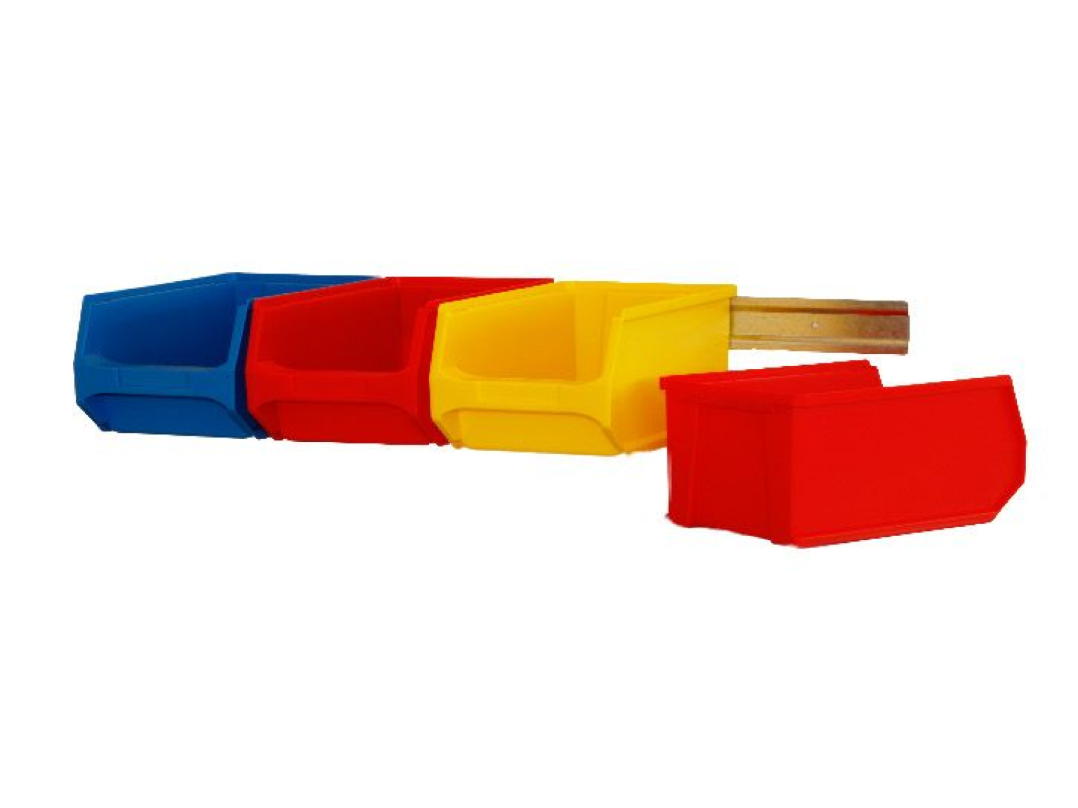 Colorful industrial storage bins are arranged in a row, consisting of blue, red, yellow, and red again. They feature a rectangular design and a slotted wooden handle connecting the yellow bin to the red one.