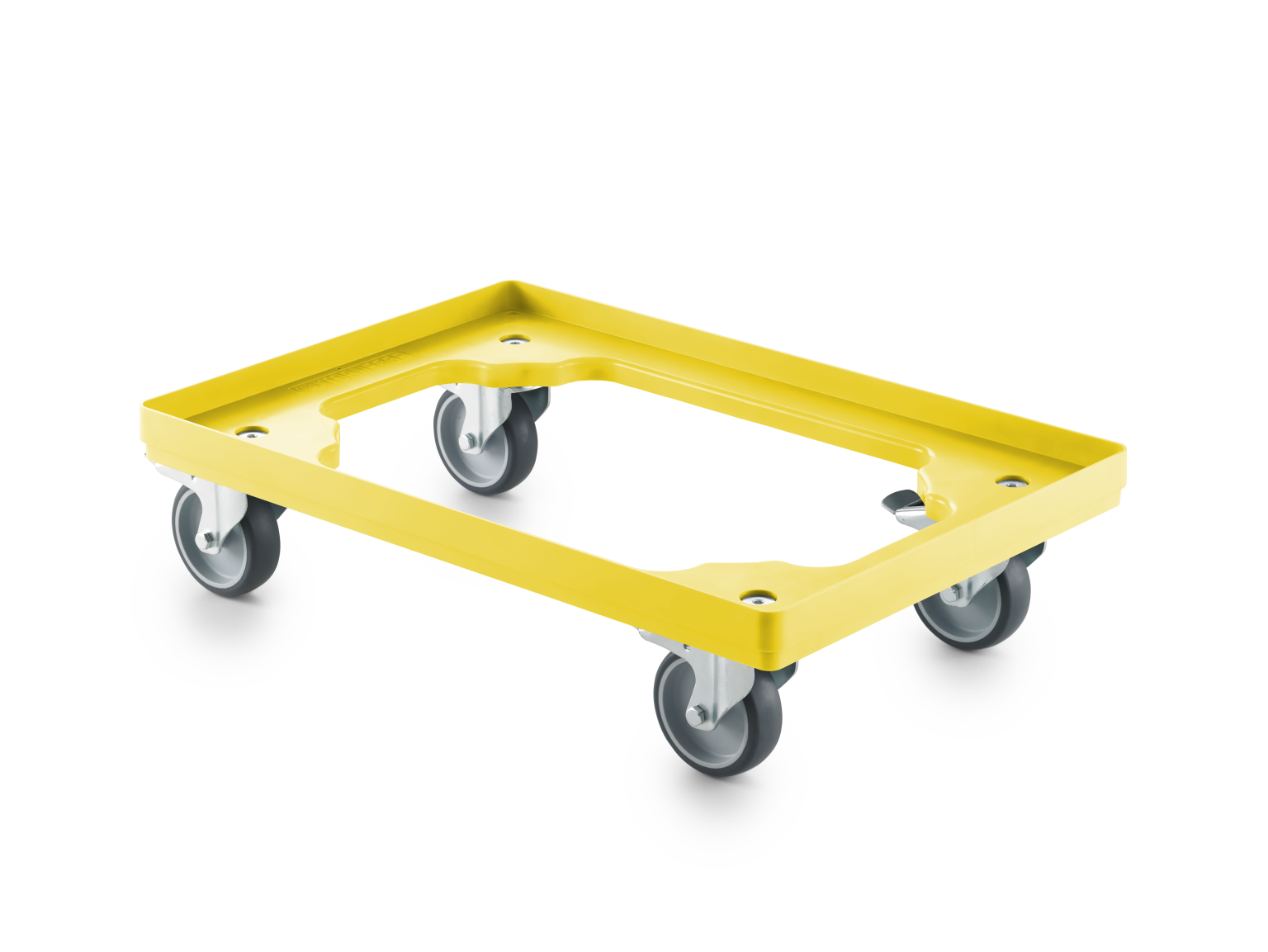 A yellow transport trolley with a flat surface and rounded edges, featuring four grey wheels. It is designed for moving materials easily in an industrial setting.