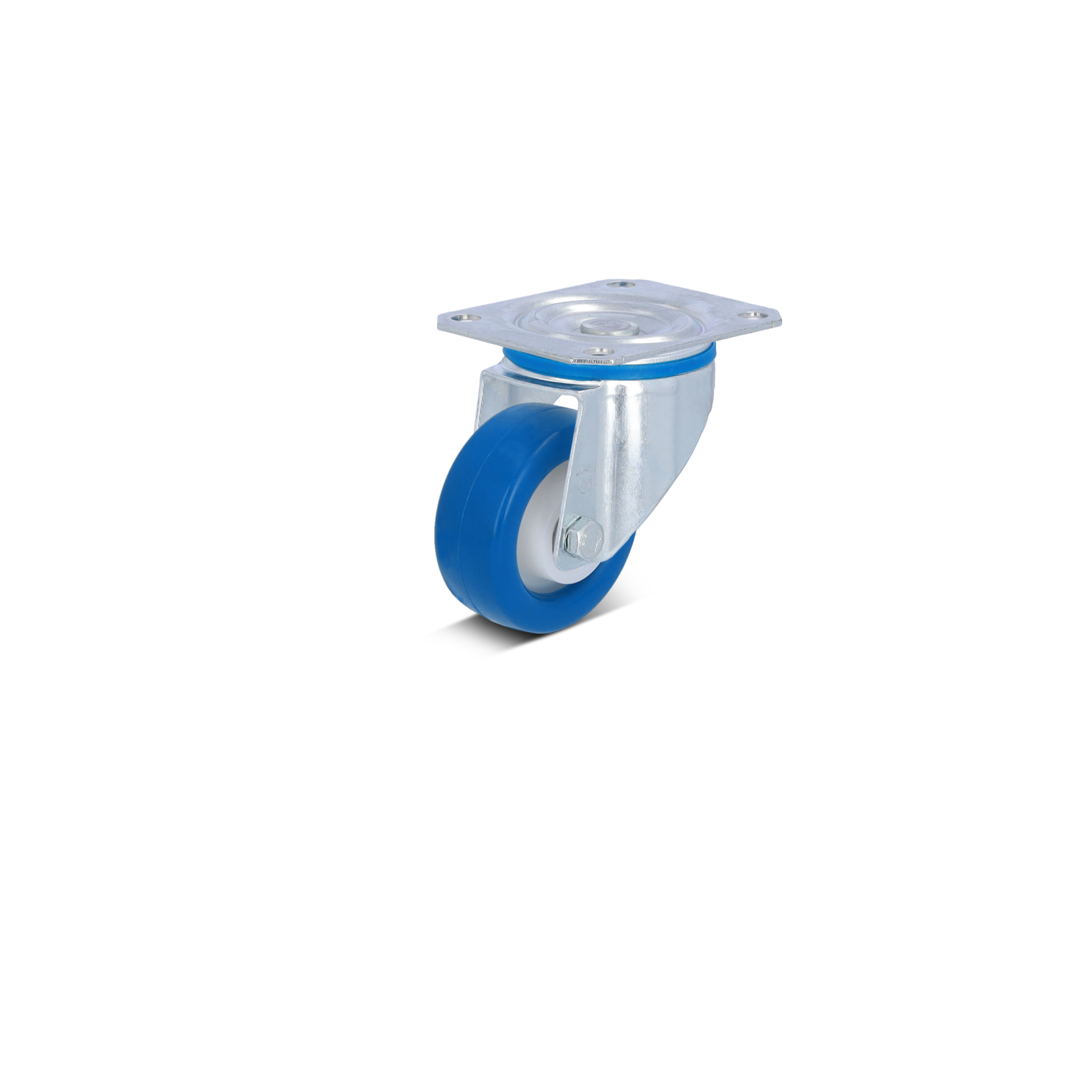 Een blauwe kunststof wieltje met een metalen bevestigingsplaat, bevestigd aan de bodemplaat, en duidelijk zichtbaar. Het is ontworpen voor gebruik in intralogistiek en materiaalhandling.