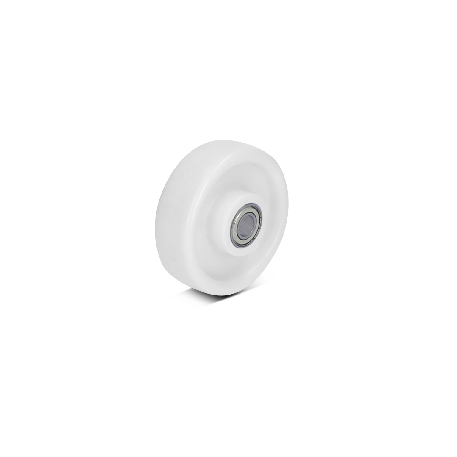 A white plastic wheel features a central bearing. It is positioned upright against a blank background, emphasizing its smooth surface and rounded shape, suitable for various material handling applications.