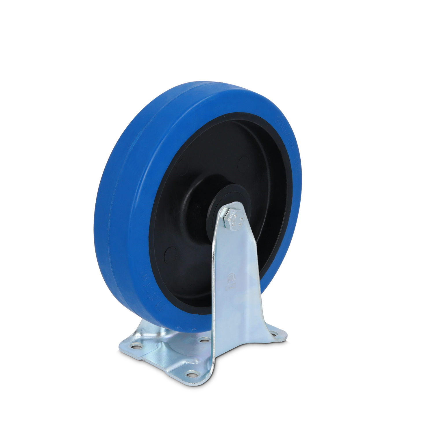 A blue polyurethane wheel with a black core is mounted on a silver metal bracket. The bracket has four holes for attachment, designed for use in industrial applications.