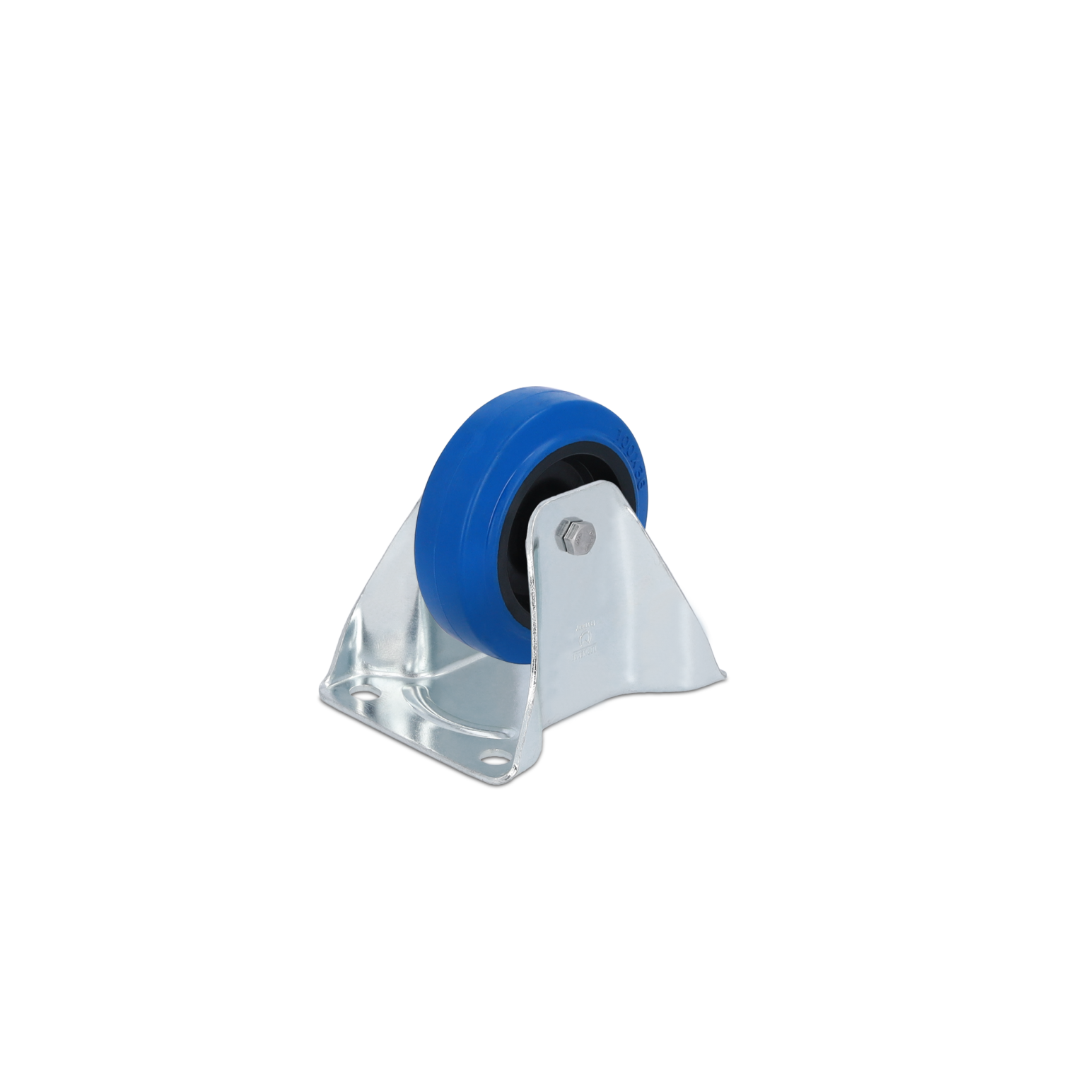 A blue industrial caster wheel is mounted on a silver metal bracket with a flat base featuring multiple holes for attachment. The wheel is designed for mobility in material handling.