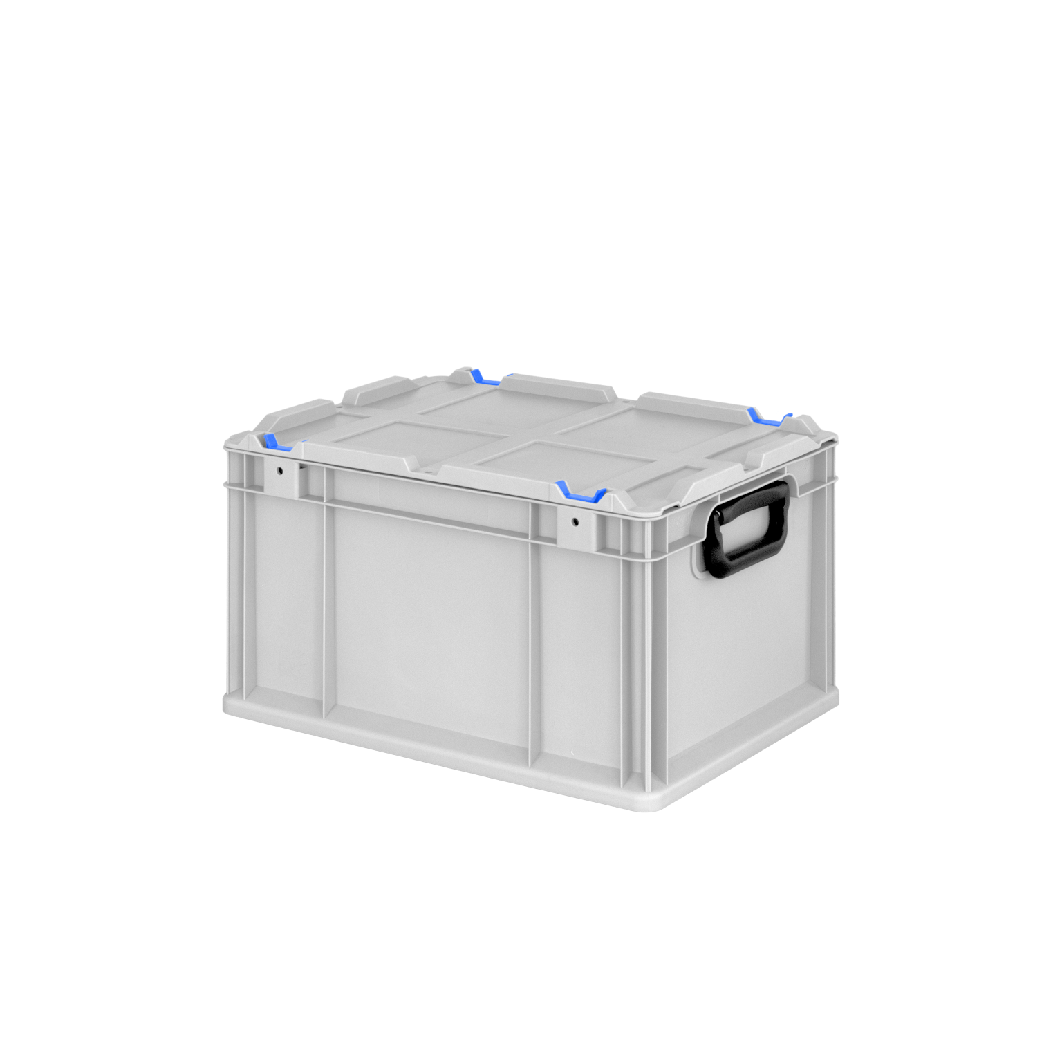 A gray plastic storage box with a handle and blue accents is positioned on a neutral background. Its structured design features deep grooves and a securely fitting lid for easy stacking and transport.