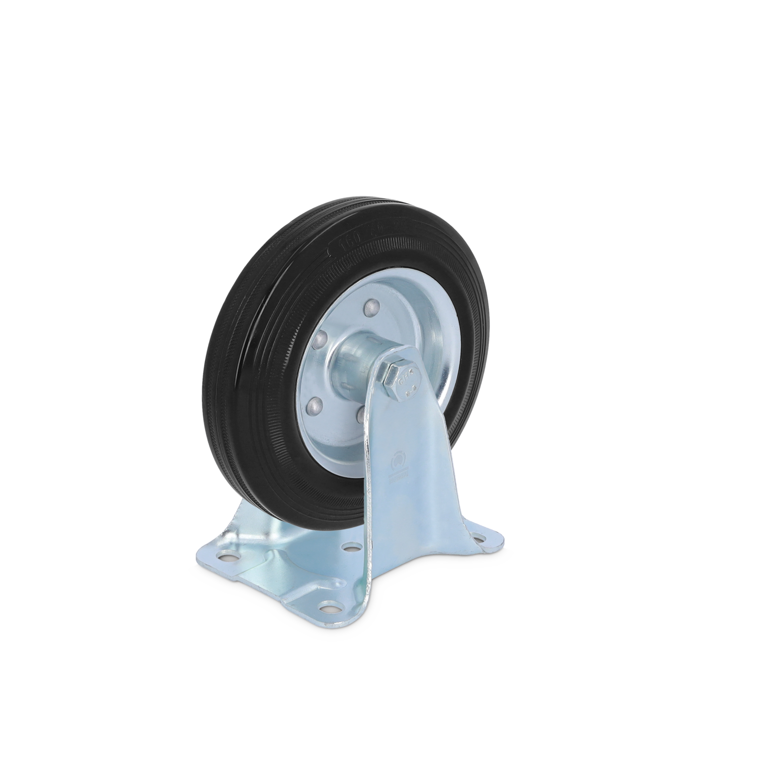 A black rubber wheel attached to a metallic mounting plate, angled for visibility. The plate includes multiple holes for secure installation. The background is a plain, contrasting color.