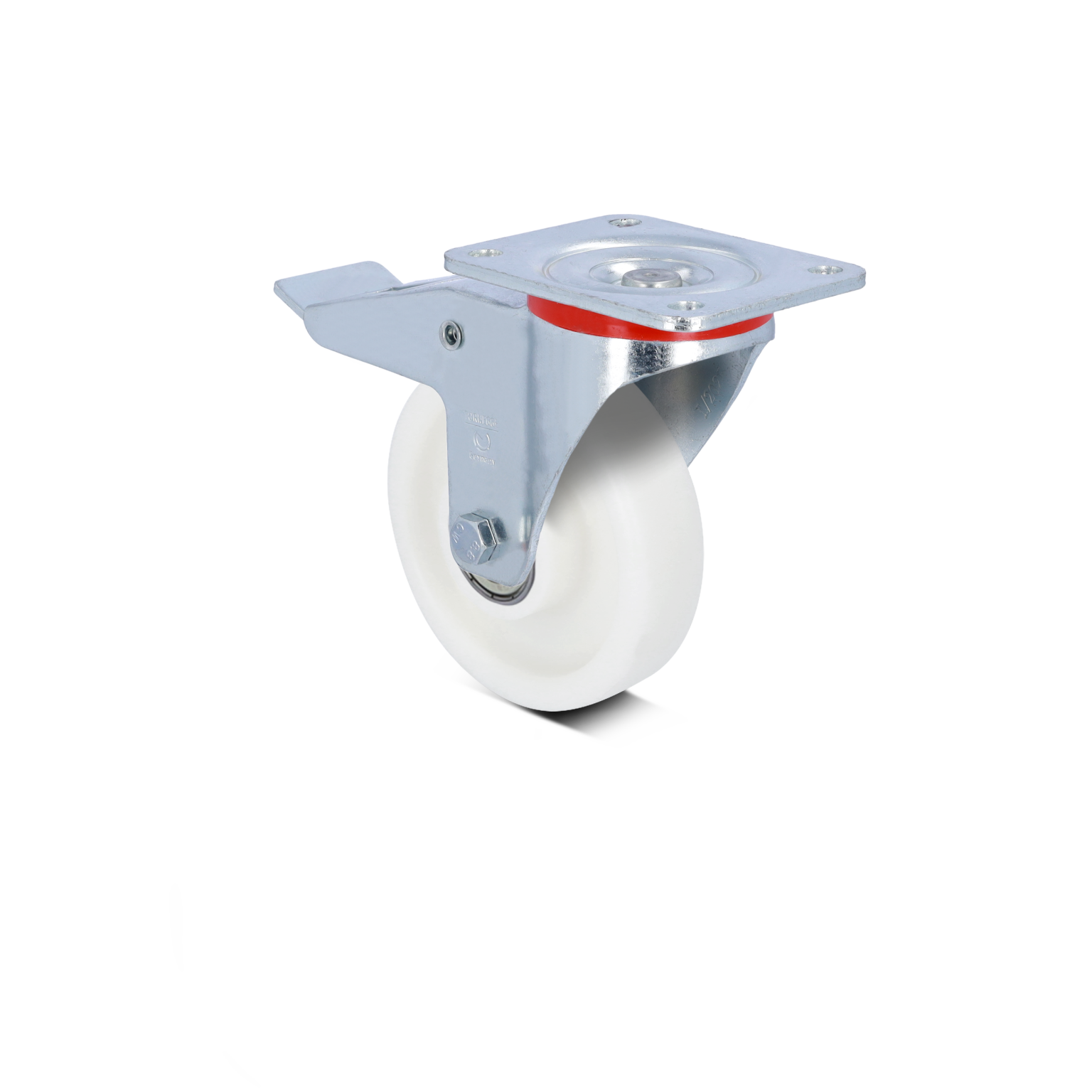 A swivel caster featuring a white rubber wheel and a metallic plate, showcasing a shiny finish. The mounting plate has four holes for secure attachment, designed for mobility in industrial contexts.