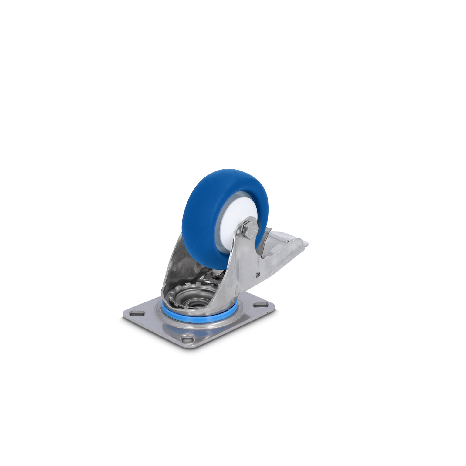 Een metalen zwenkwiel met een blauwe rubberen band en een witte binnenrand. Het wiel is bevestigd aan een roestvrijstalen bevestigingsplaat met een veermechanisme. De achtergrond is zwart.