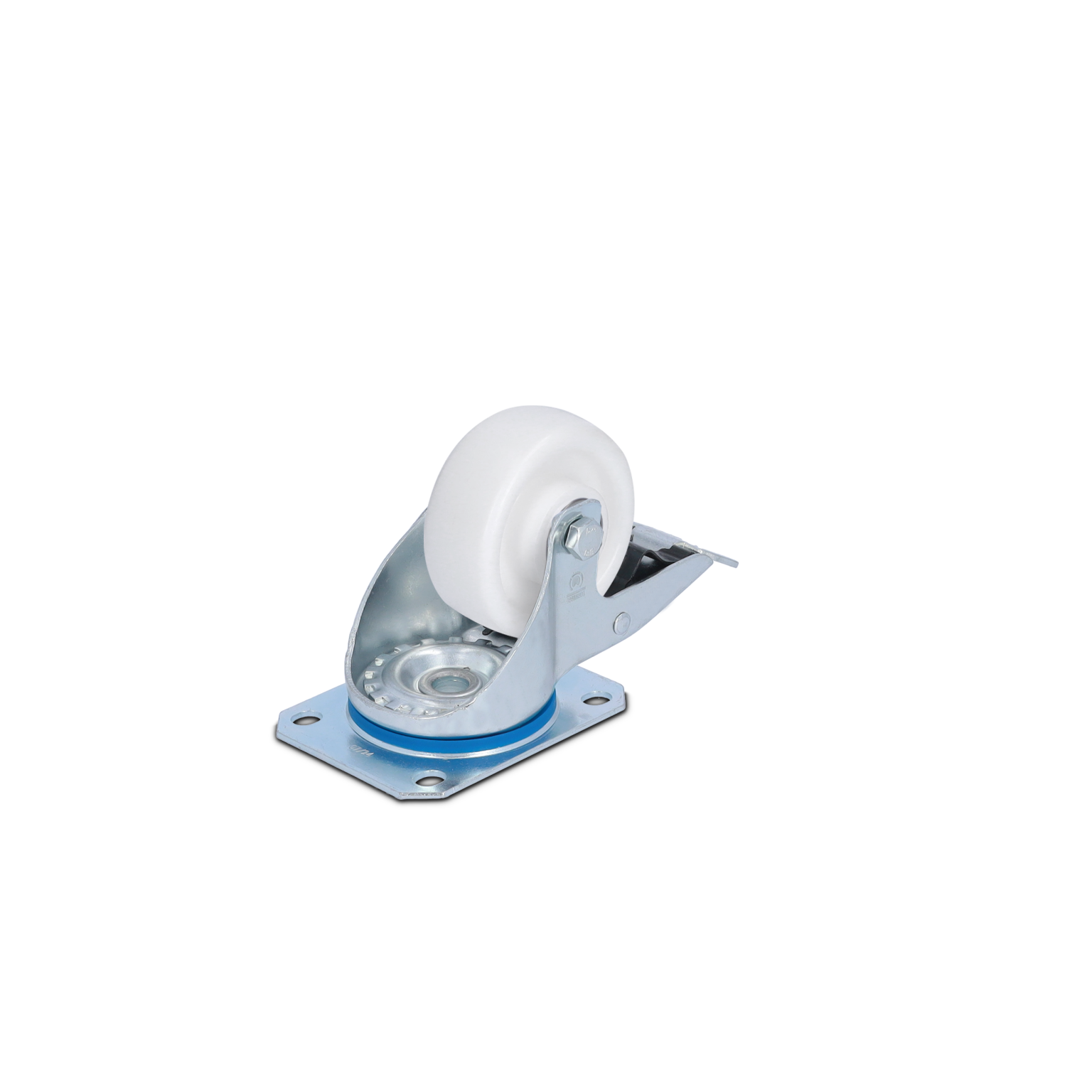 A swivel castor featuring a white plastic wheel mounted on a silver metal bracket. It has a blue rubber ring for stability and is set against a plain background.