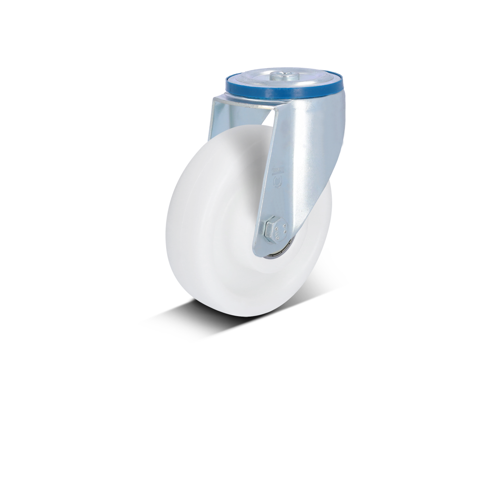 A white swivel castor wheel has a metal mounting plate with a blue rim. It features a cylindrical shape and is designed for easy movement, suitable for various industrial applications.