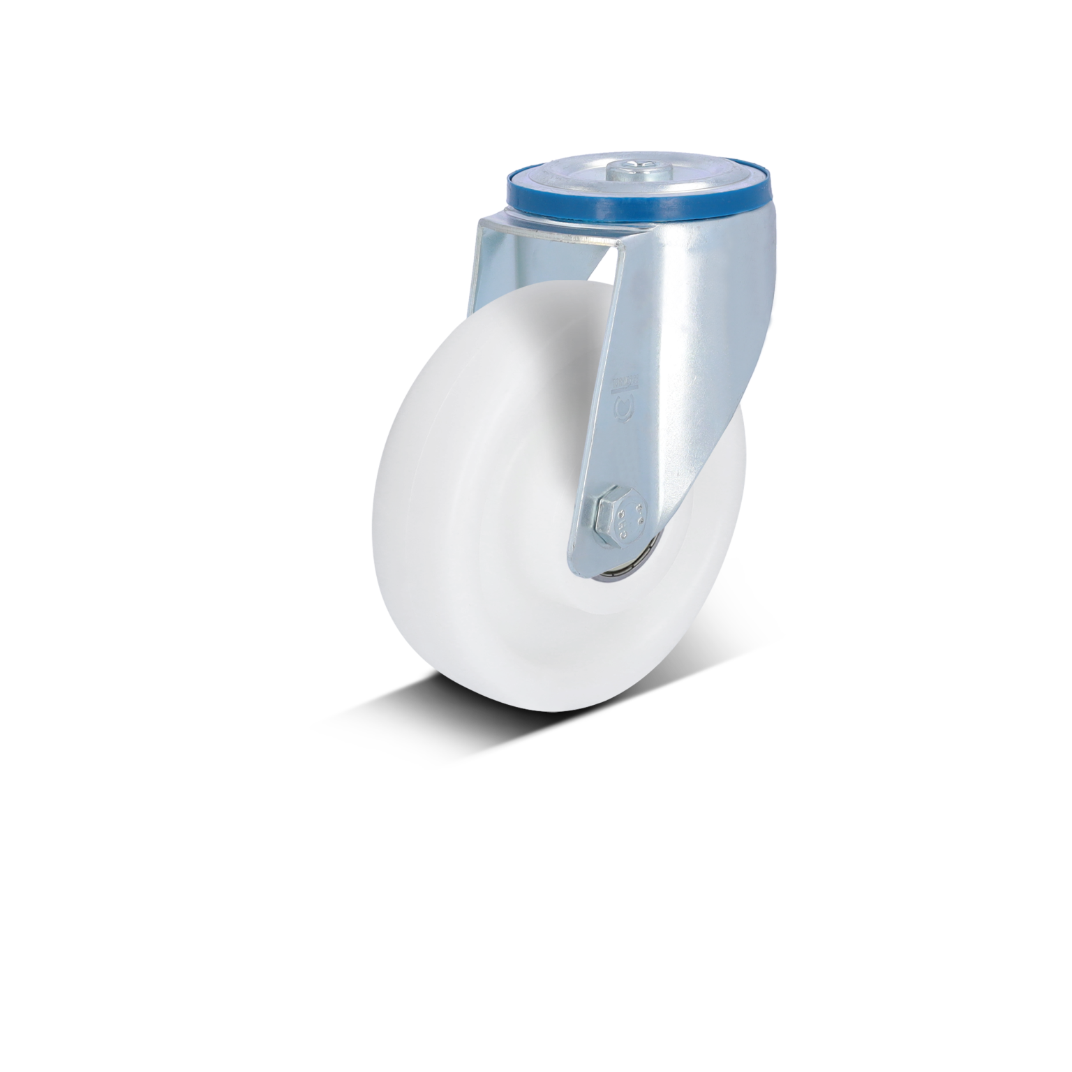 A white swivel castor wheel has a metal mounting plate with a blue rim. It features a cylindrical shape and is designed for easy movement, suitable for various industrial applications.