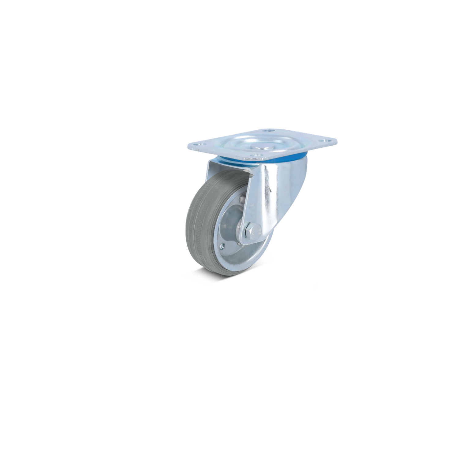 Zwenkwiel met een metalen montageplaat en een rubberen band, gepositioneerd voor gebruik. Het materiaal is glanzend afgewerkt en er is een blauwe rand zichtbaar op het wiel.