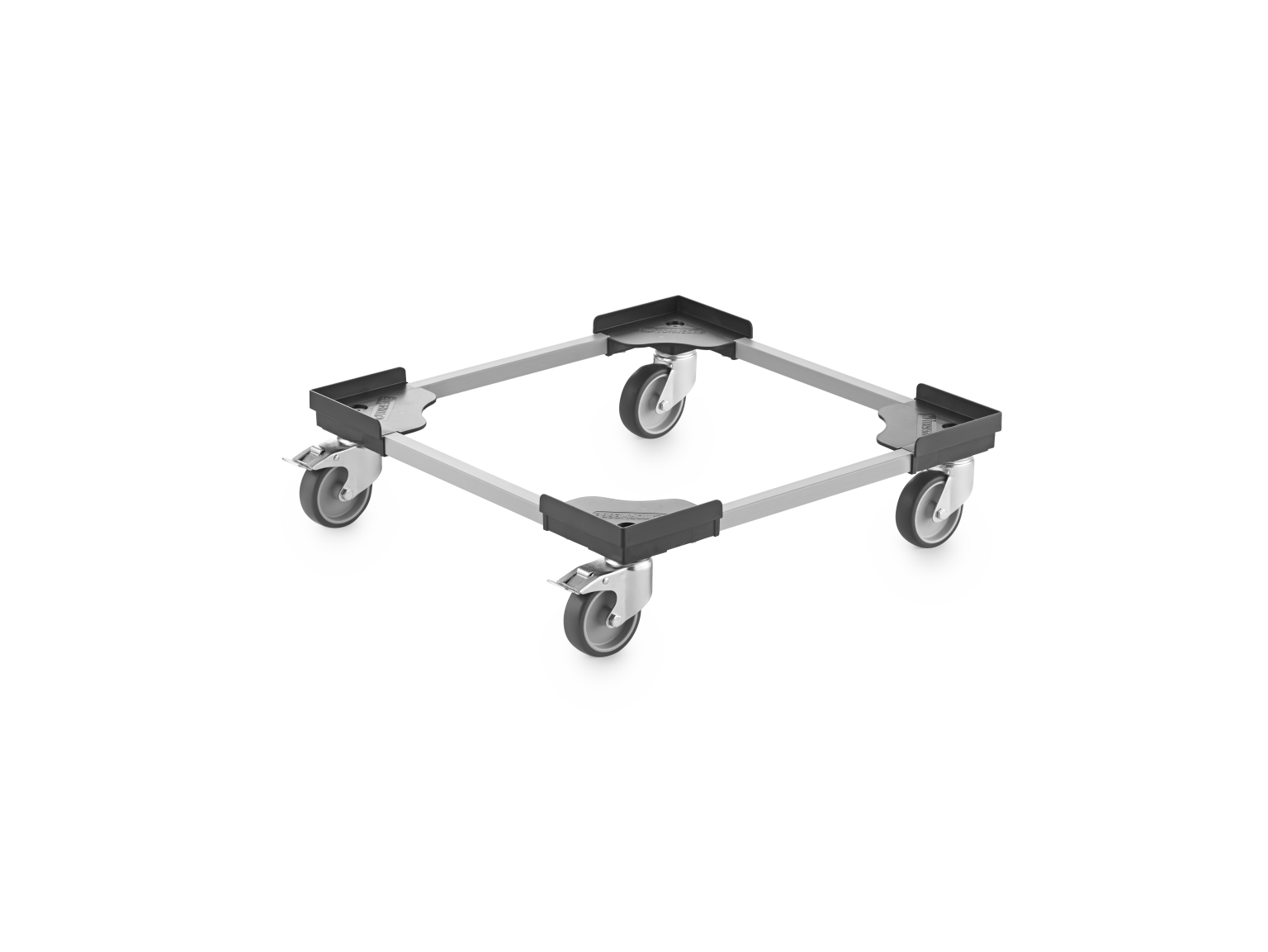 Transport trolley featuring a rectangular frame made of metal, equipped with four swiveling castors at each corner for mobility. The overall design is functional for moving heavy items within a workspace.