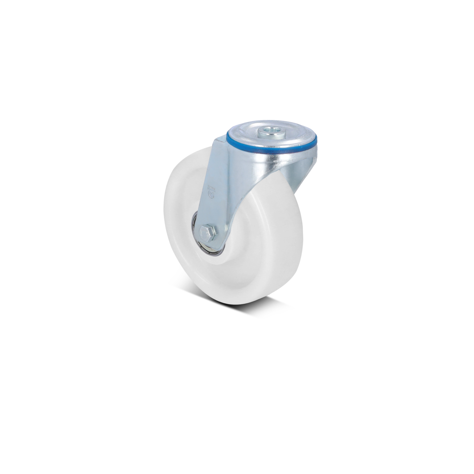 A white industrial wheel is mounted on a silver swivel bracket with a circular top plate. The wheel is designed for mobility, positioned with a visible axle. The background is minimal and plain.