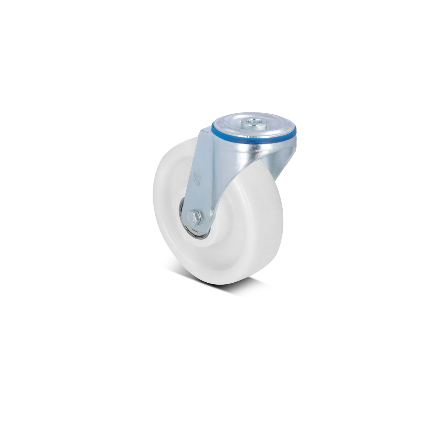 A white industrial wheel is mounted on a silver swivel bracket with a circular top plate. The wheel is designed for mobility, positioned with a visible axle. The background is minimal and plain.
