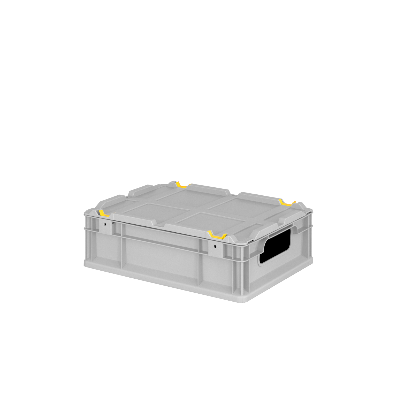 Kunststoffbox mit transparentem Design und gelben Clips an den Ecken. Die Box hat seitliche Griffe und ist für die Lagerung und den Transport von Materialien geeignet. Sie steht auf einer neutralen, dunklen Fläche.