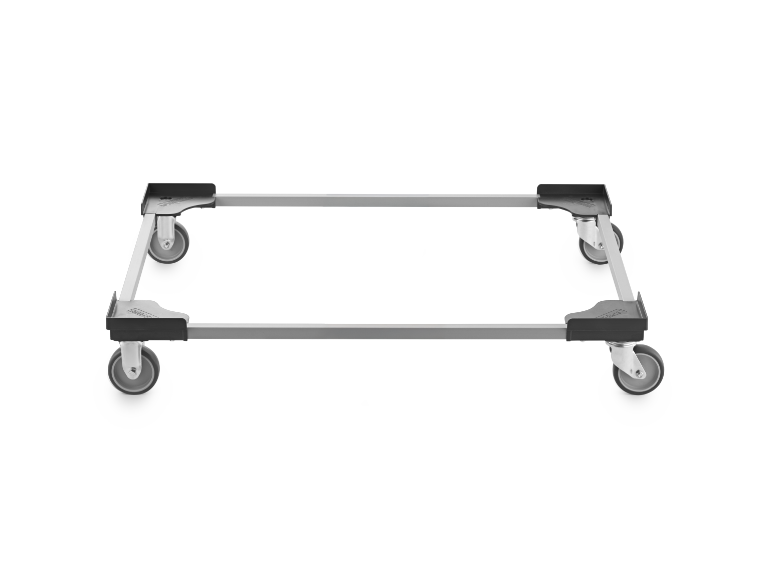 A transport trolley features a rectangular aluminum frame with four swivel castors for mobility. It has black plastic corner connectors and is placed against a blank background.