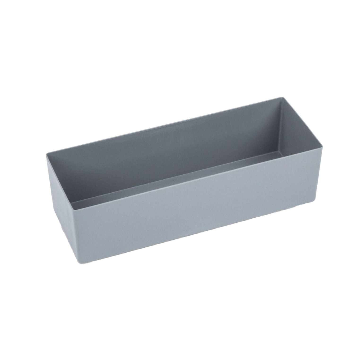 Graue, rechteckige Kunststoffschale ohne Deckel, mit geraden Kanten und einem glatten Innenraum. Sie steht auf einer neutralen, farblosen Oberfläche und eignet sich für die Aufbewahrung kleiner Gegenstände.