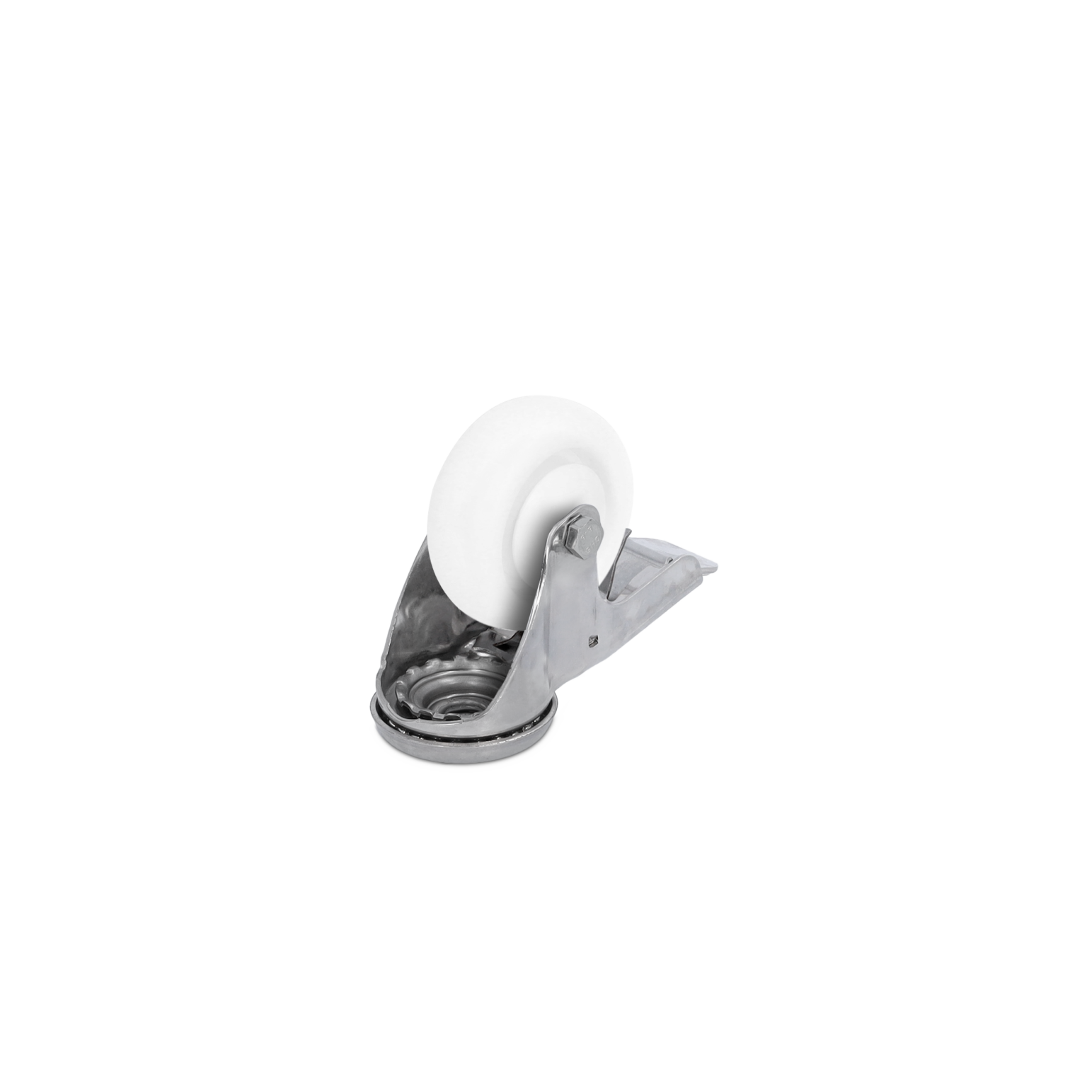 A white industrial caster wheel features a stainless steel mounting plate and swivel mechanism, designed for mobility in various settings. It is positioned upright on a flat surface, showcasing its components.