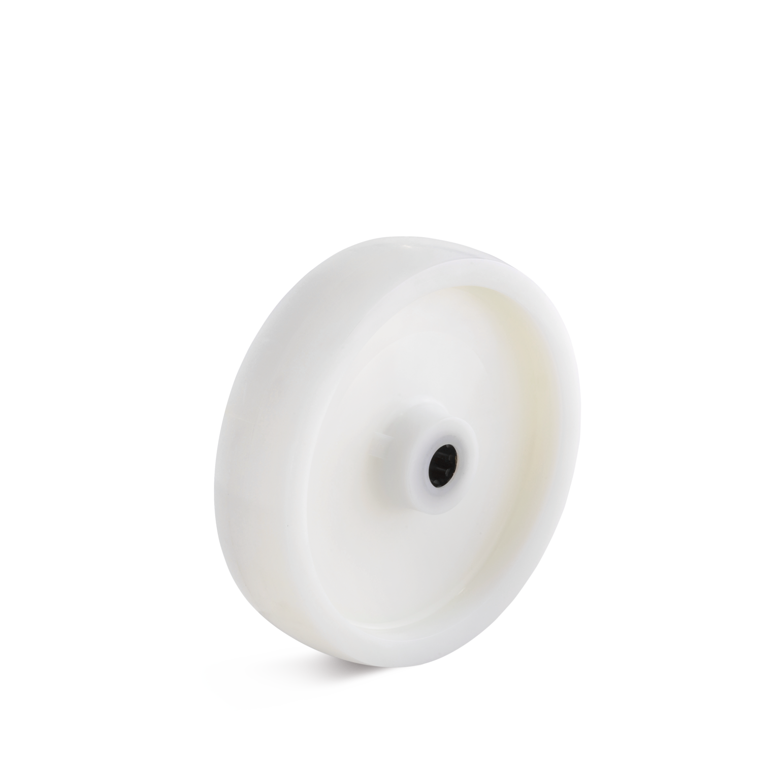 A white, circular wheel with a smooth surface and a center hole for mounting. It is positioned at an angle against a plain background.