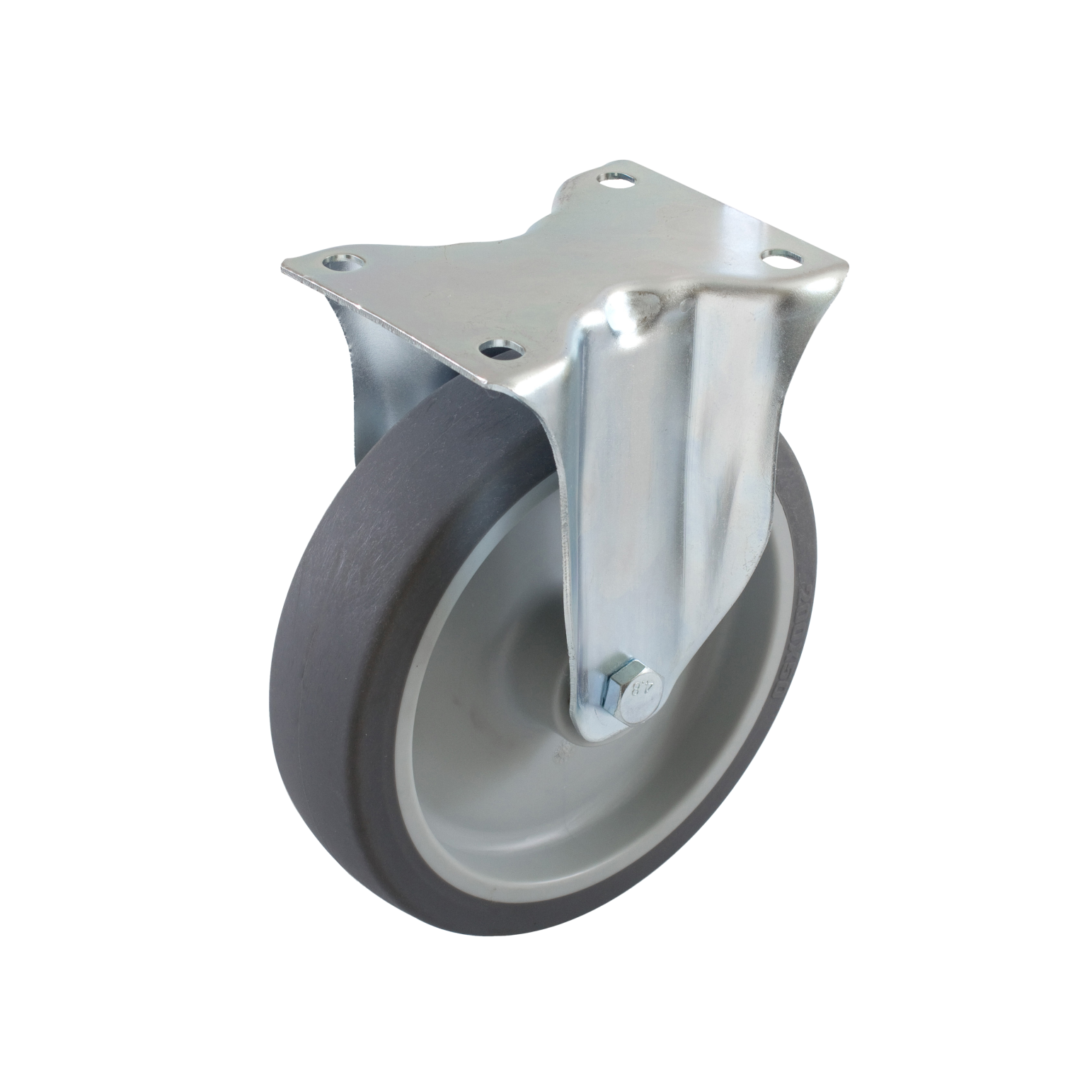 Zwenkwiel met een metalen montageplaat. Het wiel heeft een grijze rubberen band en een witte binnenzijde. Het is ontworpen voor gebruik in intralogistiek of materiaalhandling.