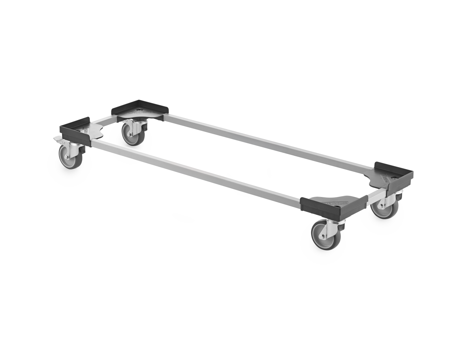A transport trolley frame is prominently positioned with four swivel castors attached at each corner. The structure is metallic with plastic corner fittings, designed for easy movement in industrial settings.