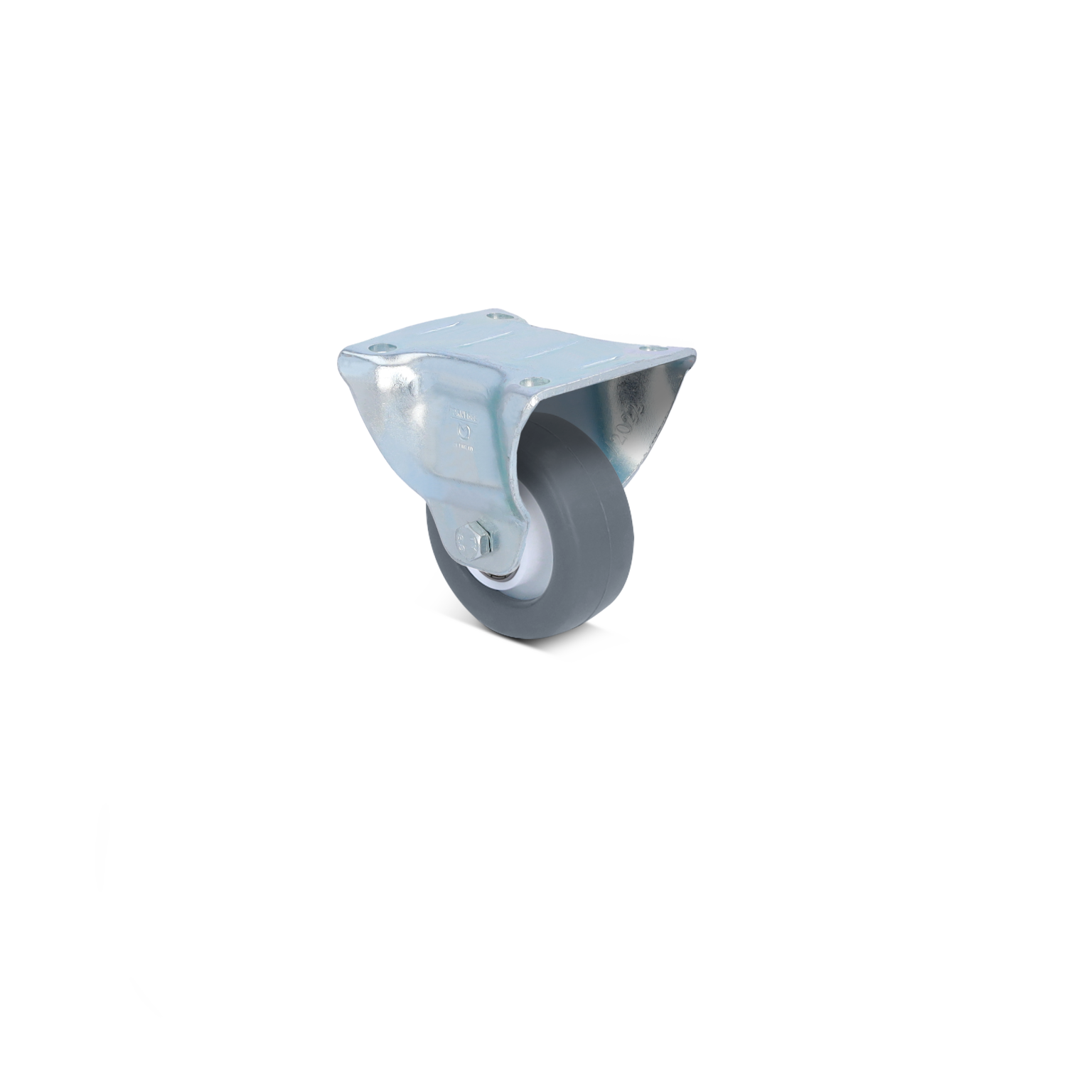 A grey rubber wheel is mounted on a sturdy metallic bracket. The bracket features a flat surface for attachment, providing stability for various industrial applications, set against a simple background.