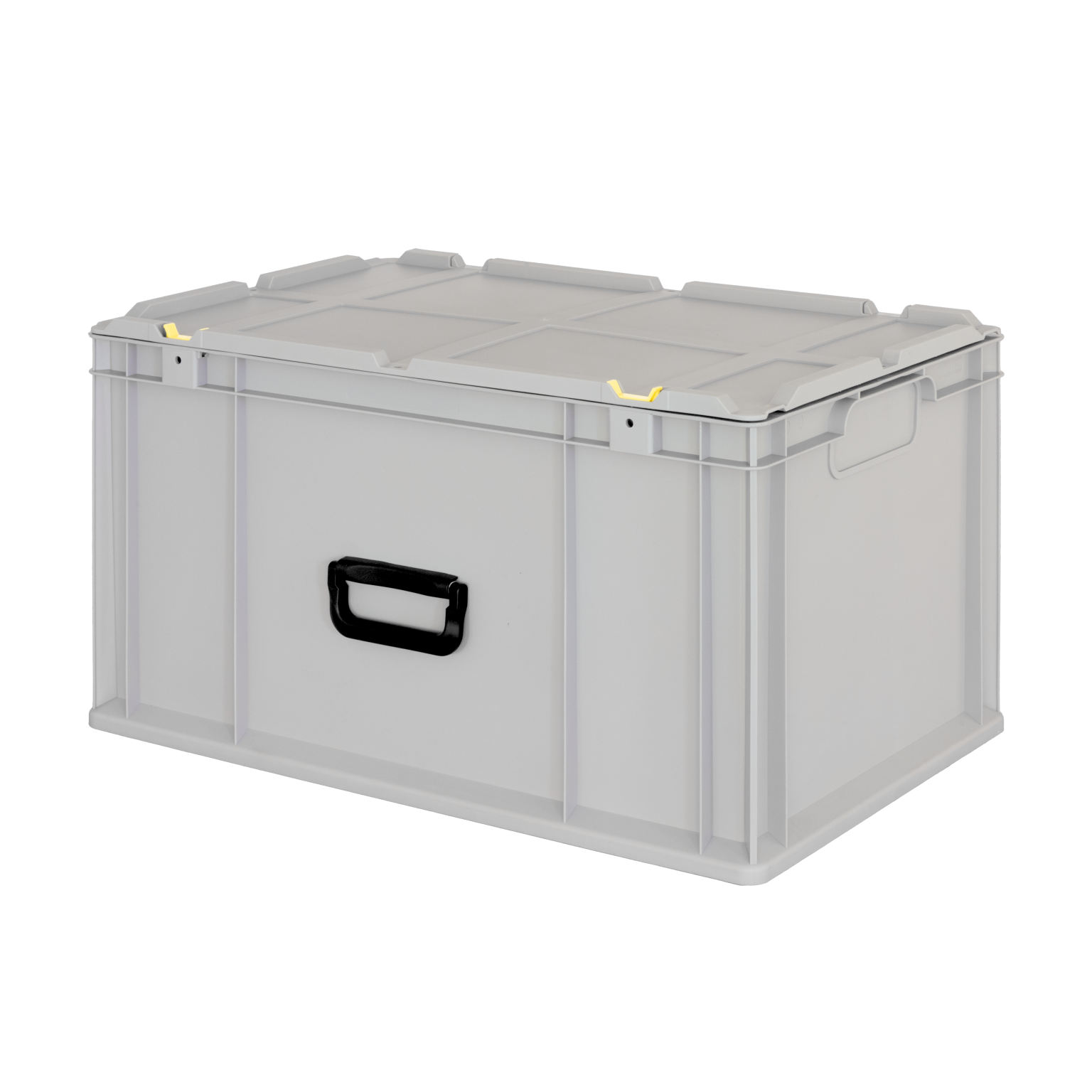 A large, gray plastic storage box features a black handle and yellow latches on the top. It is designed for easy handling and organization in an industrial or warehouse context.
