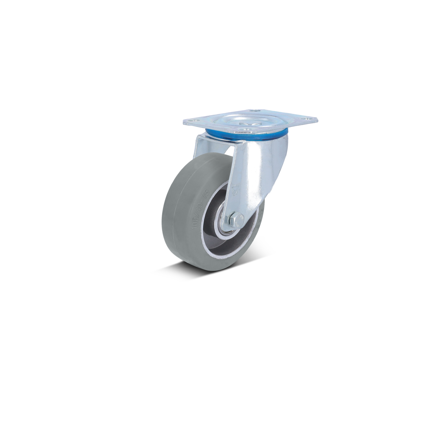 Eine grau gummierte Lenkrolle mit einer metallischen Halterung und einer blauen Befestigungsscheibe. Sie ist positioniert, als ob sie an einem Transportmittel montiert werden könnte.