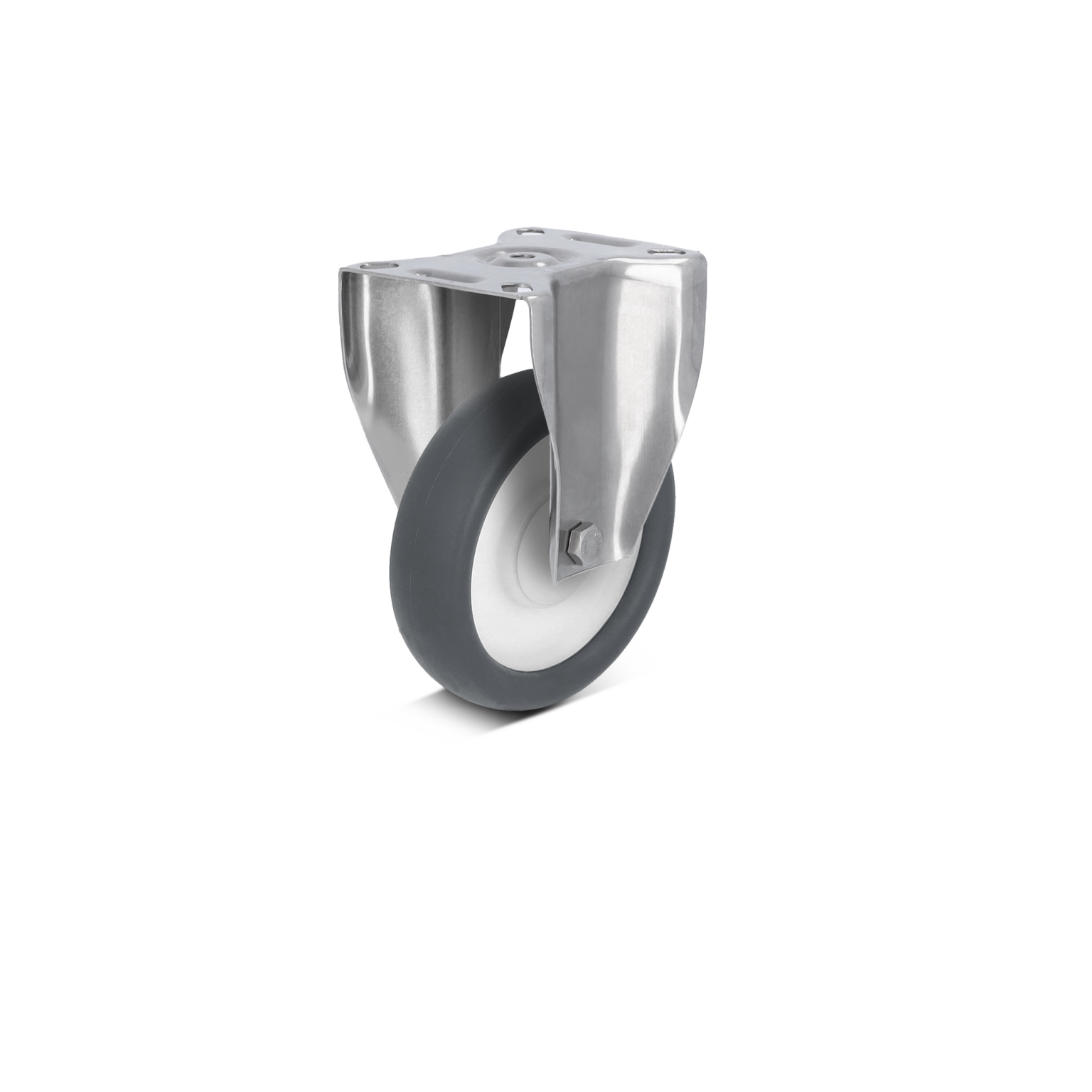 Ein Rollenlager mit stabiler Metallhalterung. Der Gummi-Rad hat eine weiße innere Fläche und eine schwarze äußere. Es ist für industrielle Anwendungen konzipiert und hebt sich vor einem neutralen Hintergrund ab.