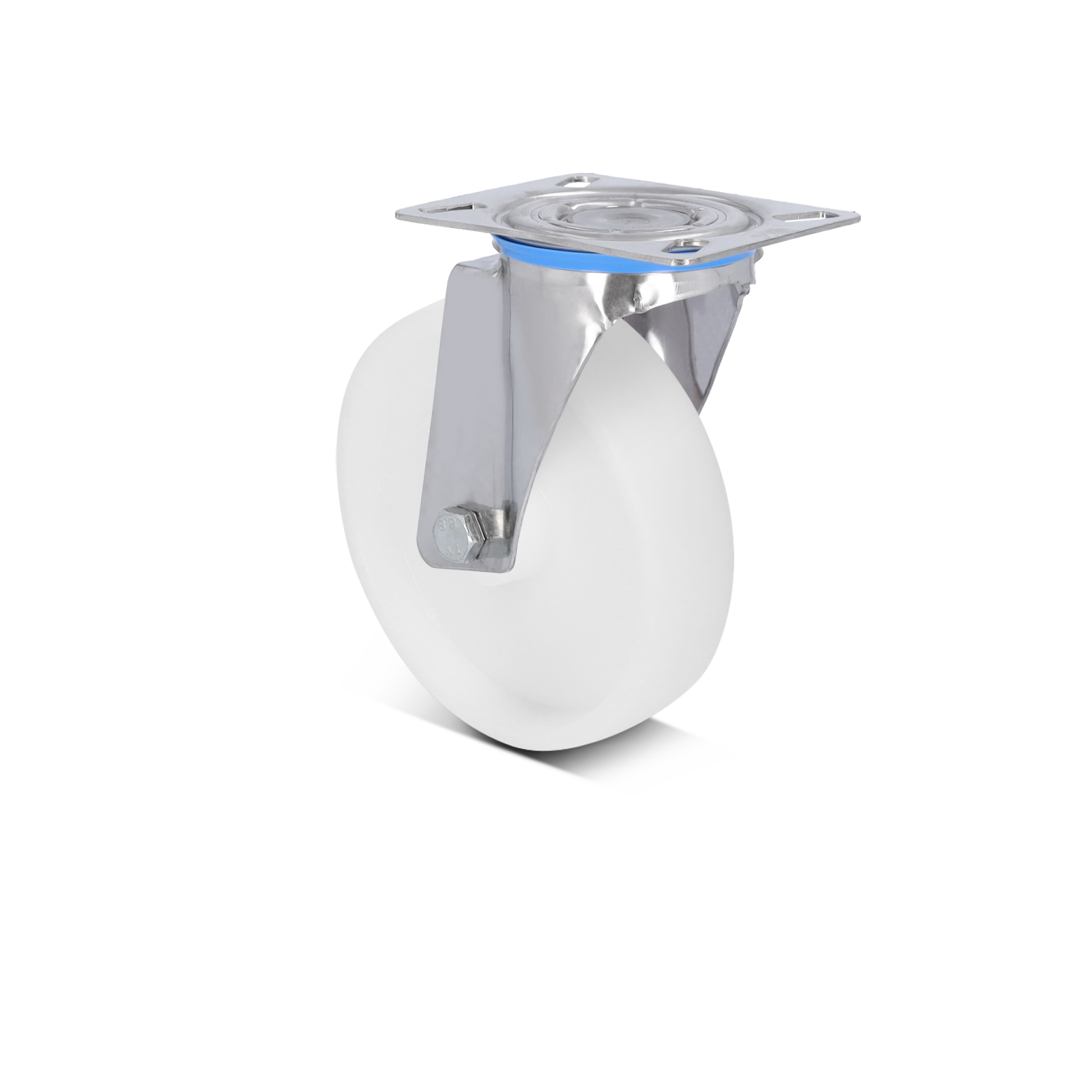 Witte meubelwiel met een chroomkleurige bevestigingsplaat. Het wiel heeft een stevige laterale bevestiging en een gladde, ronde vorm. De achtergrond is neutraal en houdt de focus op het wiel.