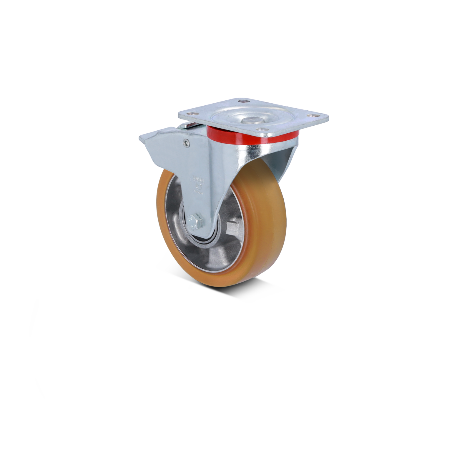 Een industriële zwenkwiel met een metalen montageplaat en een rubberen wiel in een lichte kleur. Het wiel is gepositioneerd voor gebruik in logistiek en transport, met een glanzende afwerking.