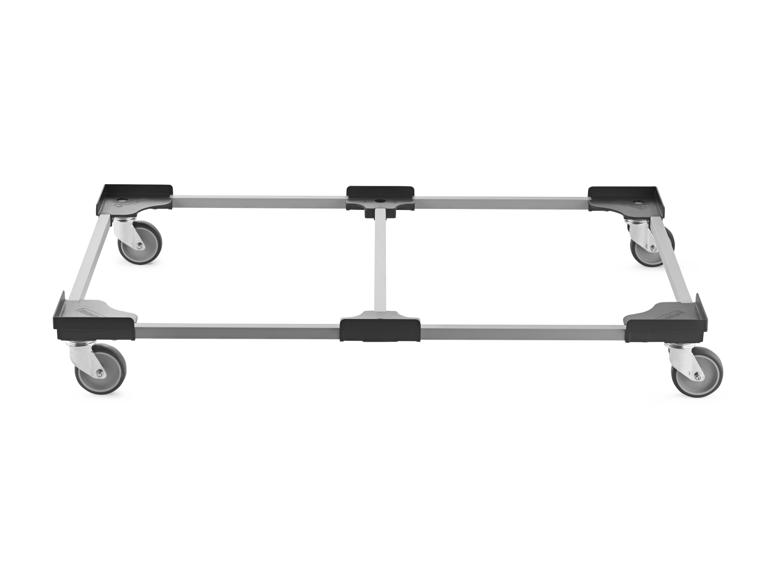 A transport trolley frame with a rectangular shape features four wheels at each corner, allowing mobility. The frame has a sturdy construction with plastic corner connectors, suitable for handling various loads in industrial settings.