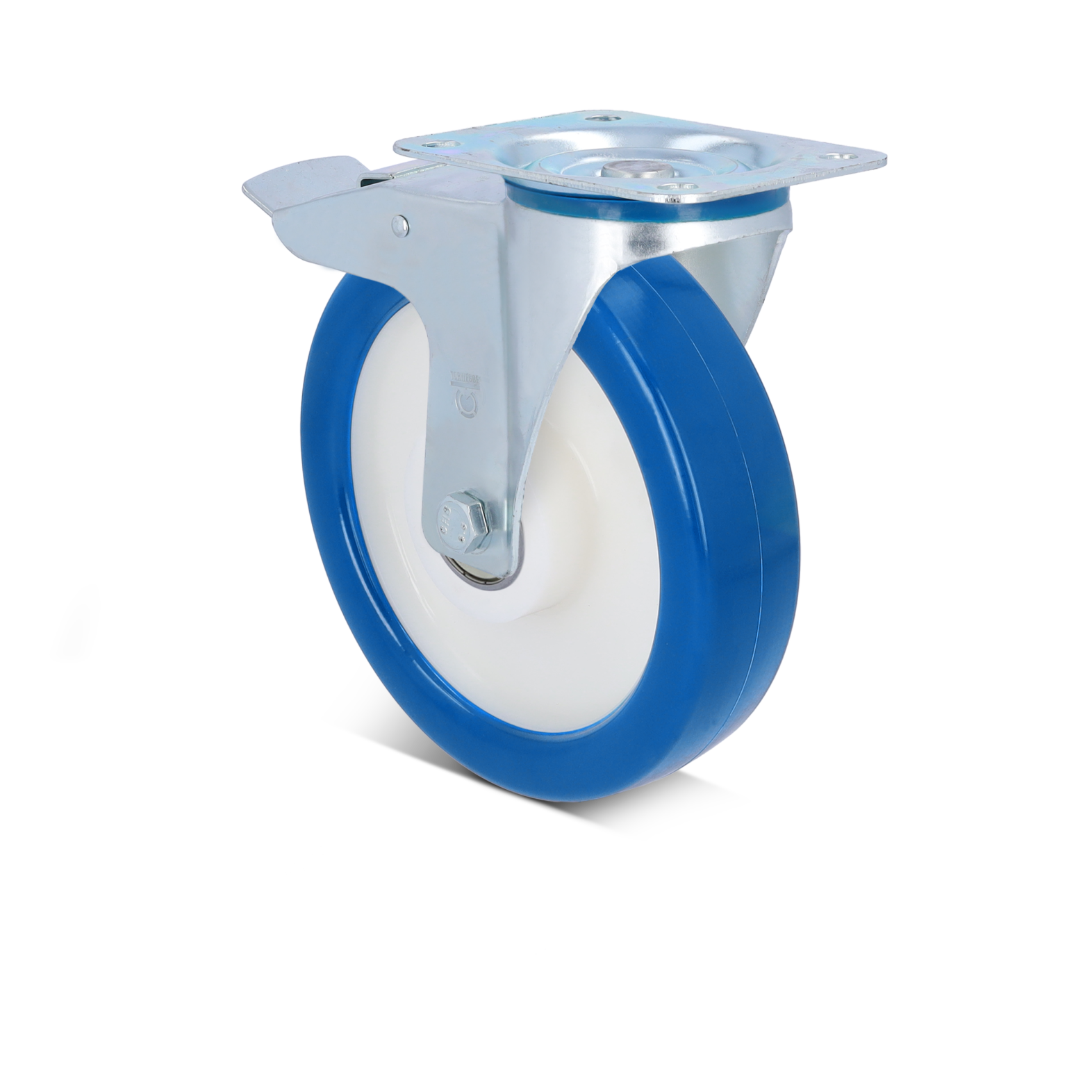 Blauwe industriële wiel met een glanzende, witte rubberen band en een metalen montageschijf. Het wiel is ontworpen voor gebruik in logistiek en interne transporttoepassingen.