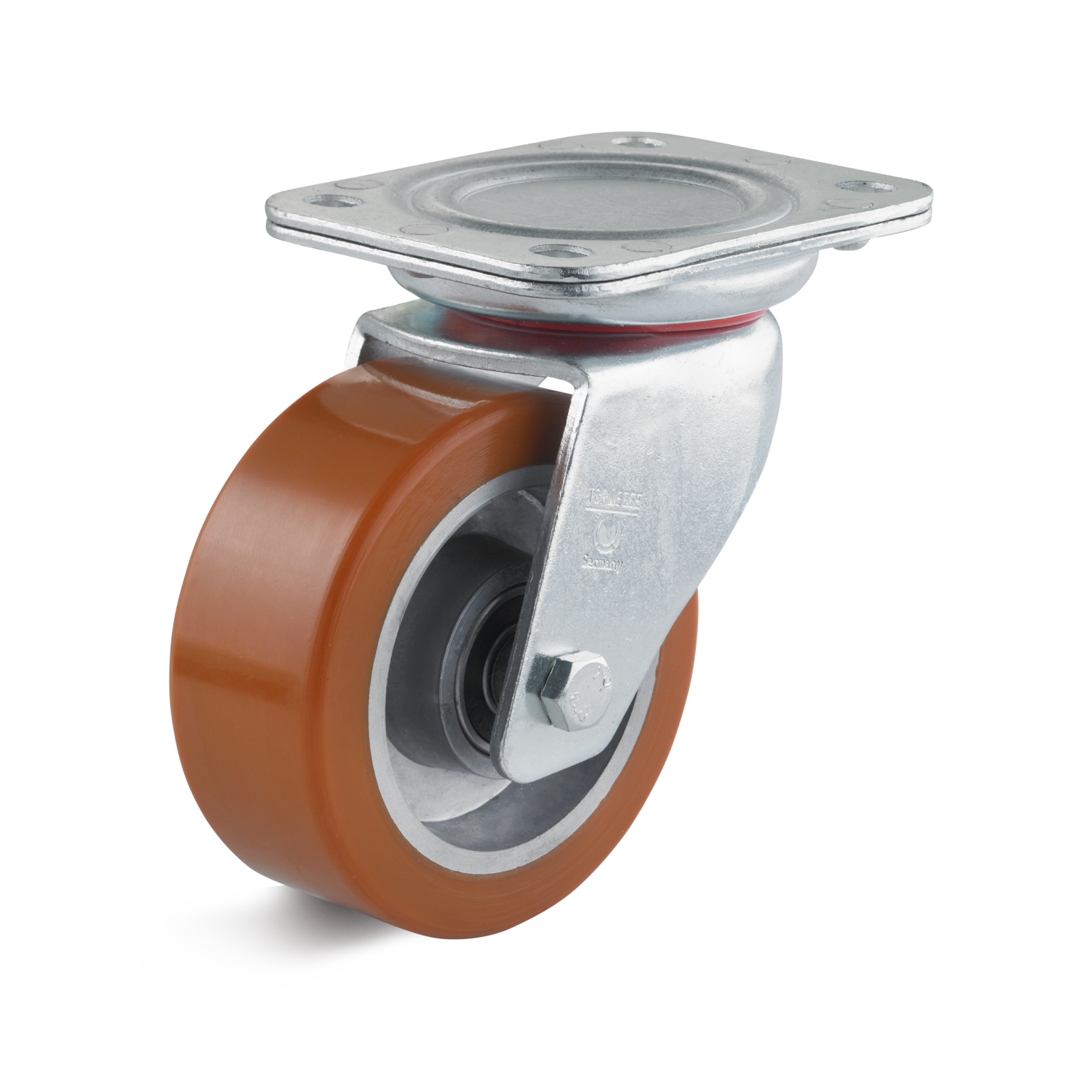 A swivel castor with a brown polyurethane wheel and a metal mounting plate. It features a gray housing, allowing for smooth movement, positioned against a blank background.