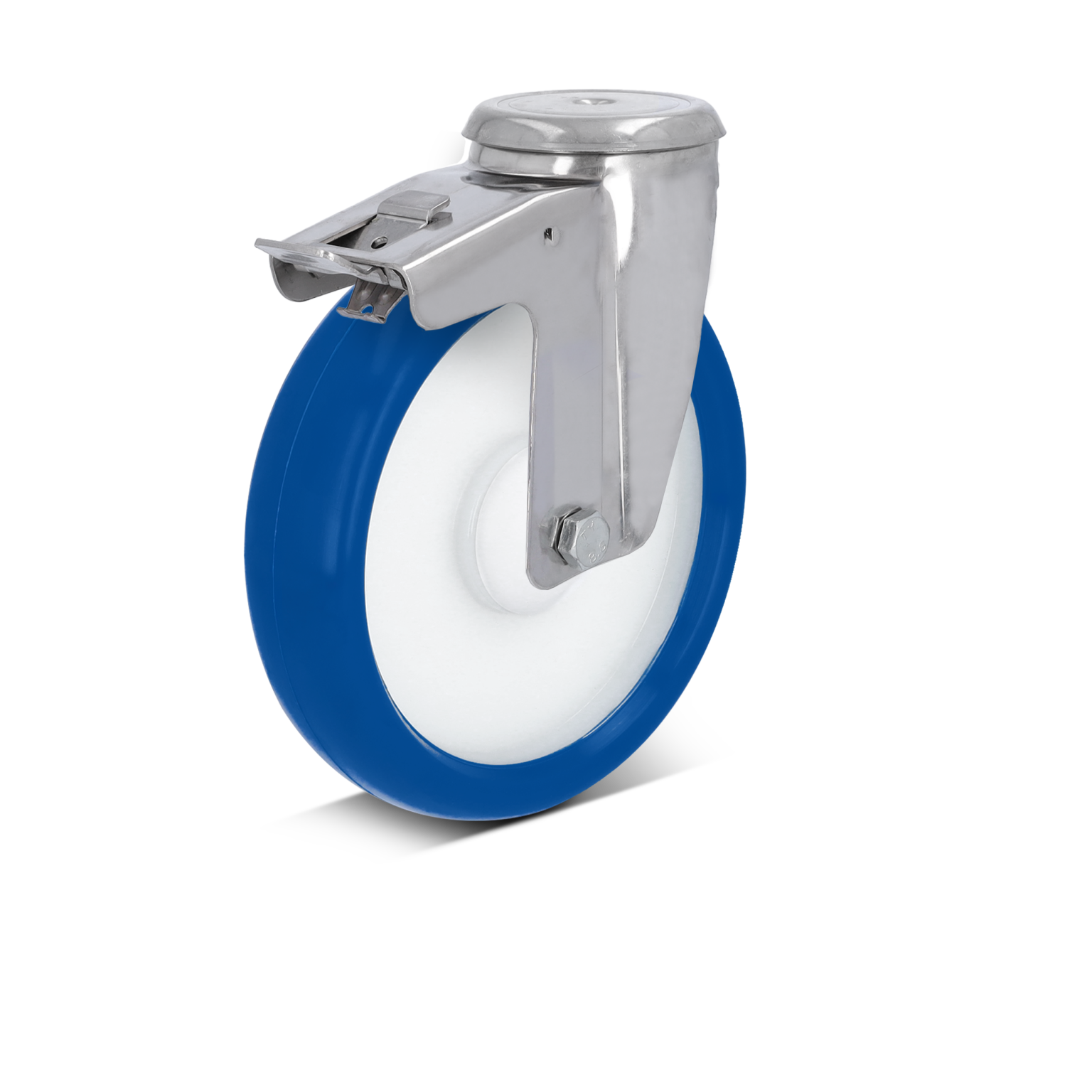 Industriële wiel met een blauwe rubberen rand en een witte binnenkant. Het is bevestigd aan een metalen houder met een montageplaat. De achtergrond is transparant.
