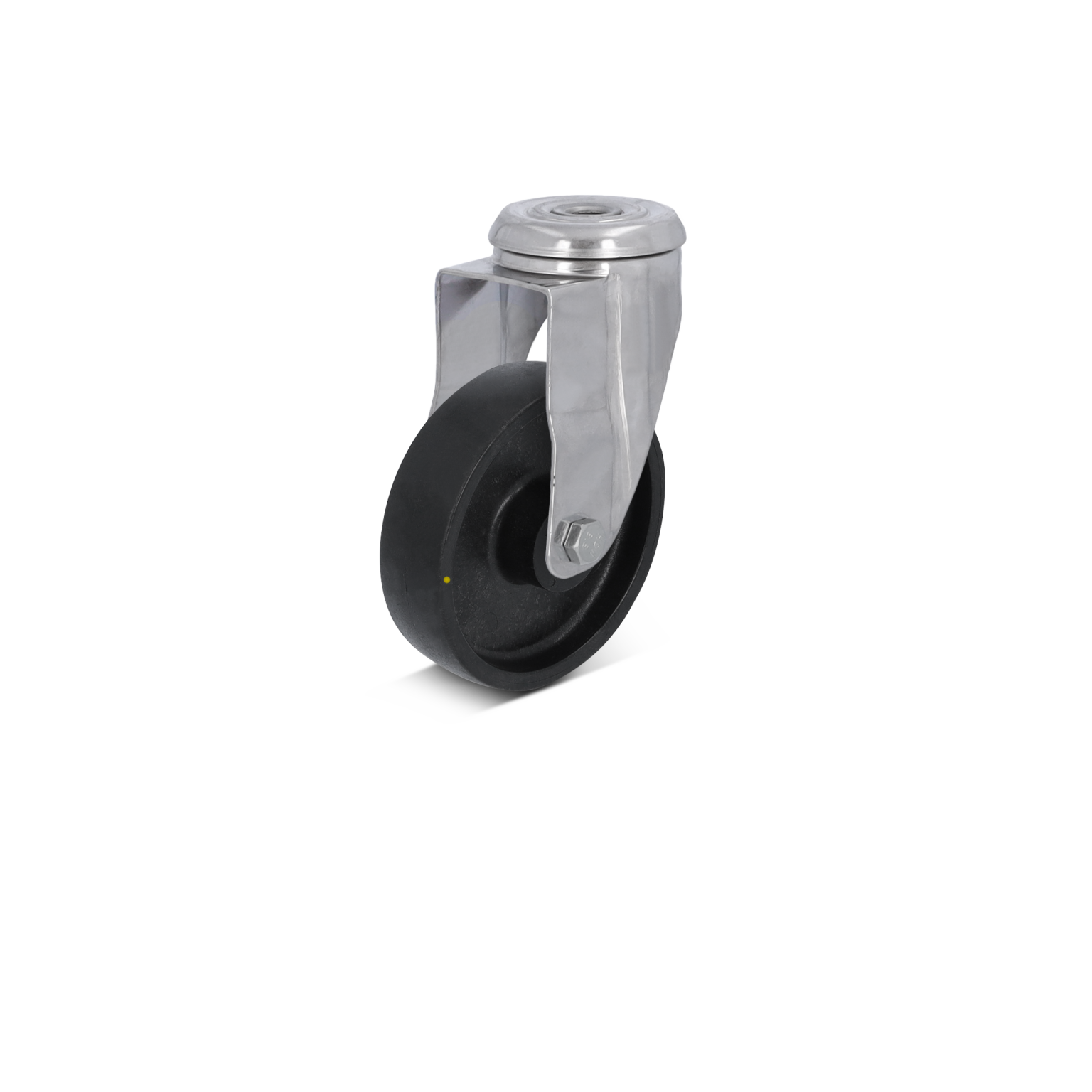 A black rubber wheel with a silver metal bracket is positioned upright. The bracket features a mounting plate at the top, designed for attachment. The background is plain and neutral.