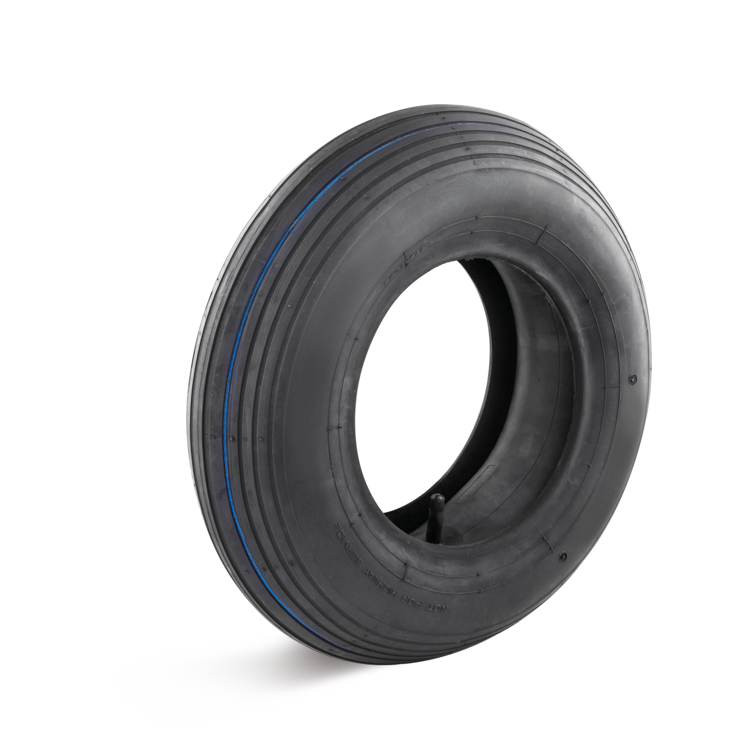 Een zwarte rubberen band met een blauwe streep, voorzien van een holle binnenzijde. De band staat rechtop en heeft een gladde, stevige structuur, geschikt voor transport en industriële toepassingen.