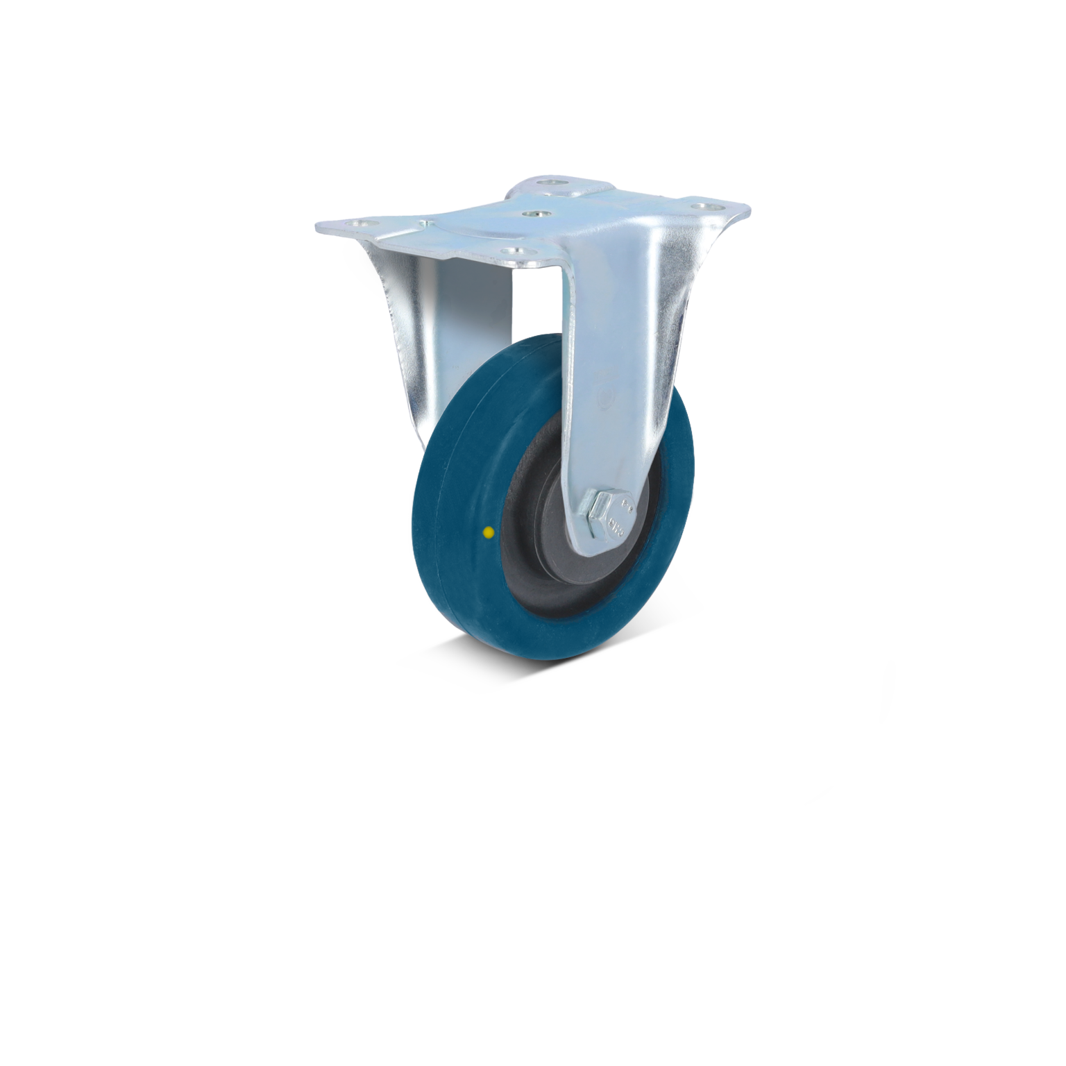Een blauw rubberwiel met een metalen montageschijf is zichtbaar. Het wiel is bevestigd aan een stevig, zilverkleurig metalen bevestigingsdeel, dat bedoeld is voor gebruik in industriële toepassingen.