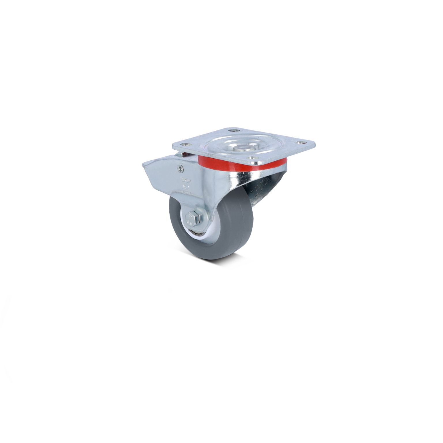 A grey industrial wheel with a metal mounting plate is showcased. The wheel is equipped with a swivel mechanism for easy maneuvering, set against a plain background for focus.