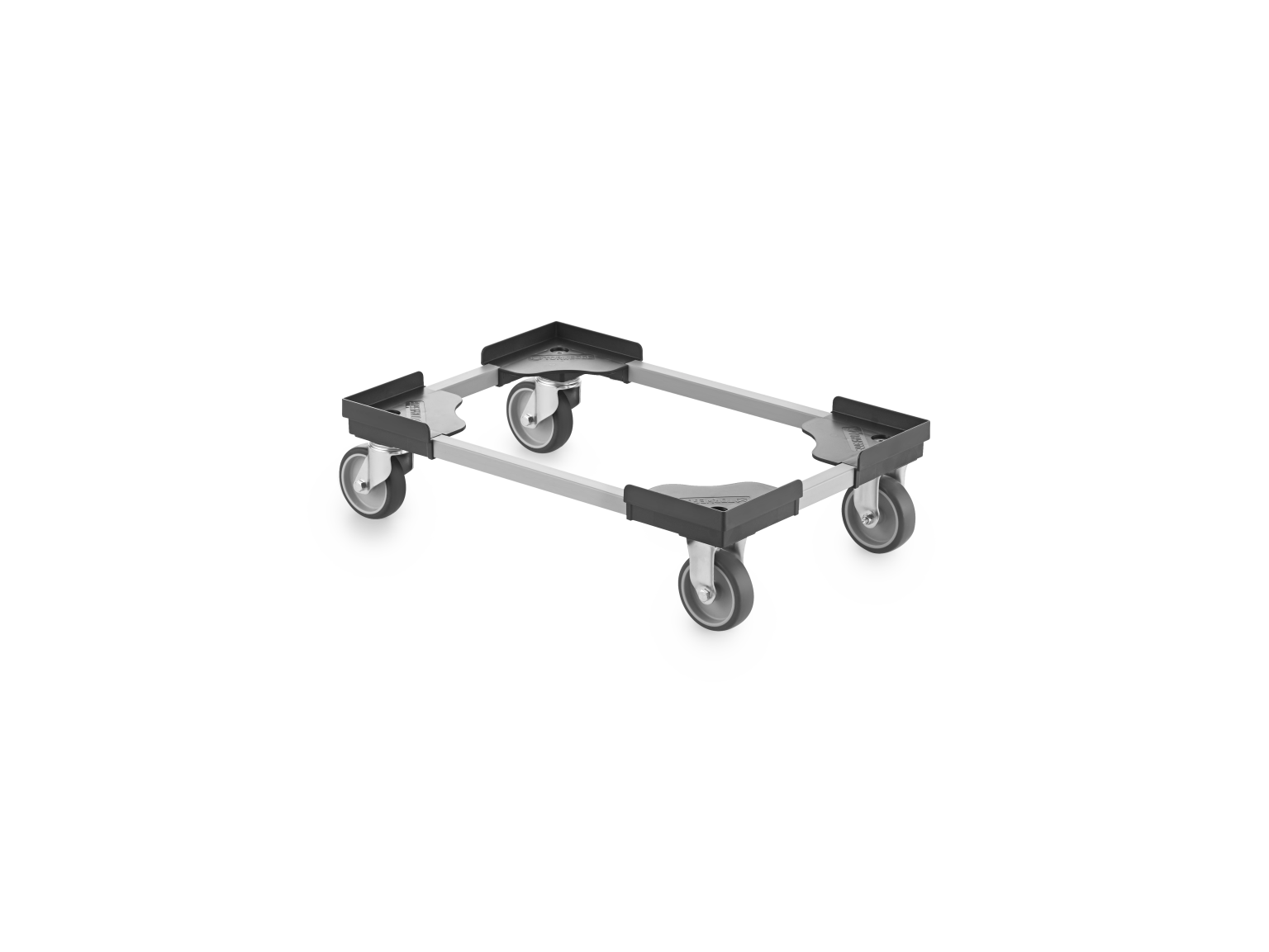A transport trolley features a rectangular metal frame with four swivel wheels at each corner. The design emphasizes mobility and support for carrying various loads in an industrial setting.