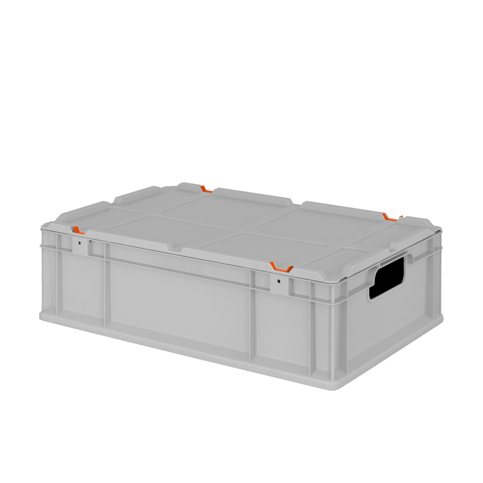 A gray plastic storage crate features an open top with a flat lid, ergonomic handles on the sides, and orange accents on the corners. It is positioned against a blank background.