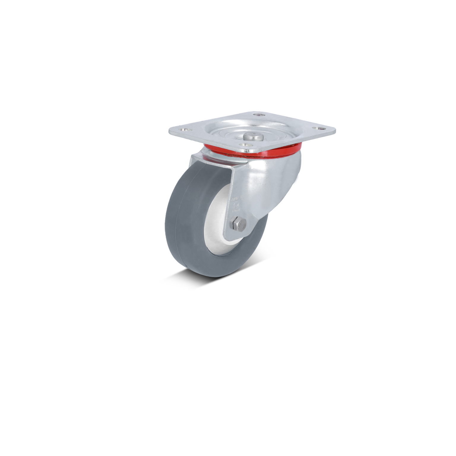 Zwenkwiel met een metalen bevestigingsplaat, gemaakt van rubberachtige materialen. Het wiel heeft een grijze kleur en een zilveren afwerking, gepositioneerd tegen een neutrale achtergrond.