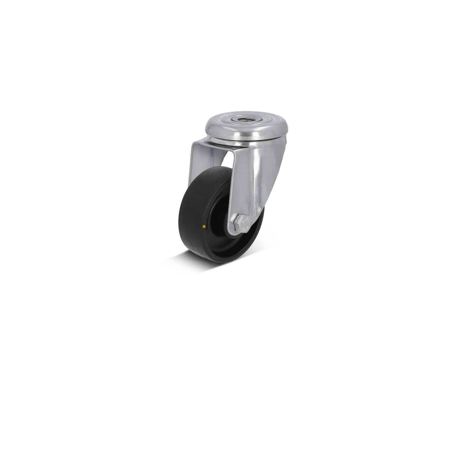 A metal swivel caster with a black rubber wheel features a round mounting plate on top. It is positioned upright, suitable for industrial applications, with a clean, minimal background.