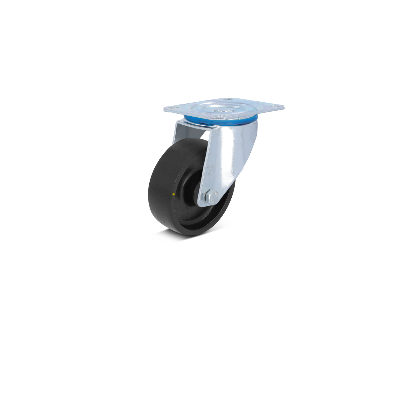 Zwenkwiel met een zwart rubberen wiel en een metalen bevestigingsplaat. Het wiel is ontworpen voor gebruik in industriële toepassingen en staat op een neutrale achtergrond.