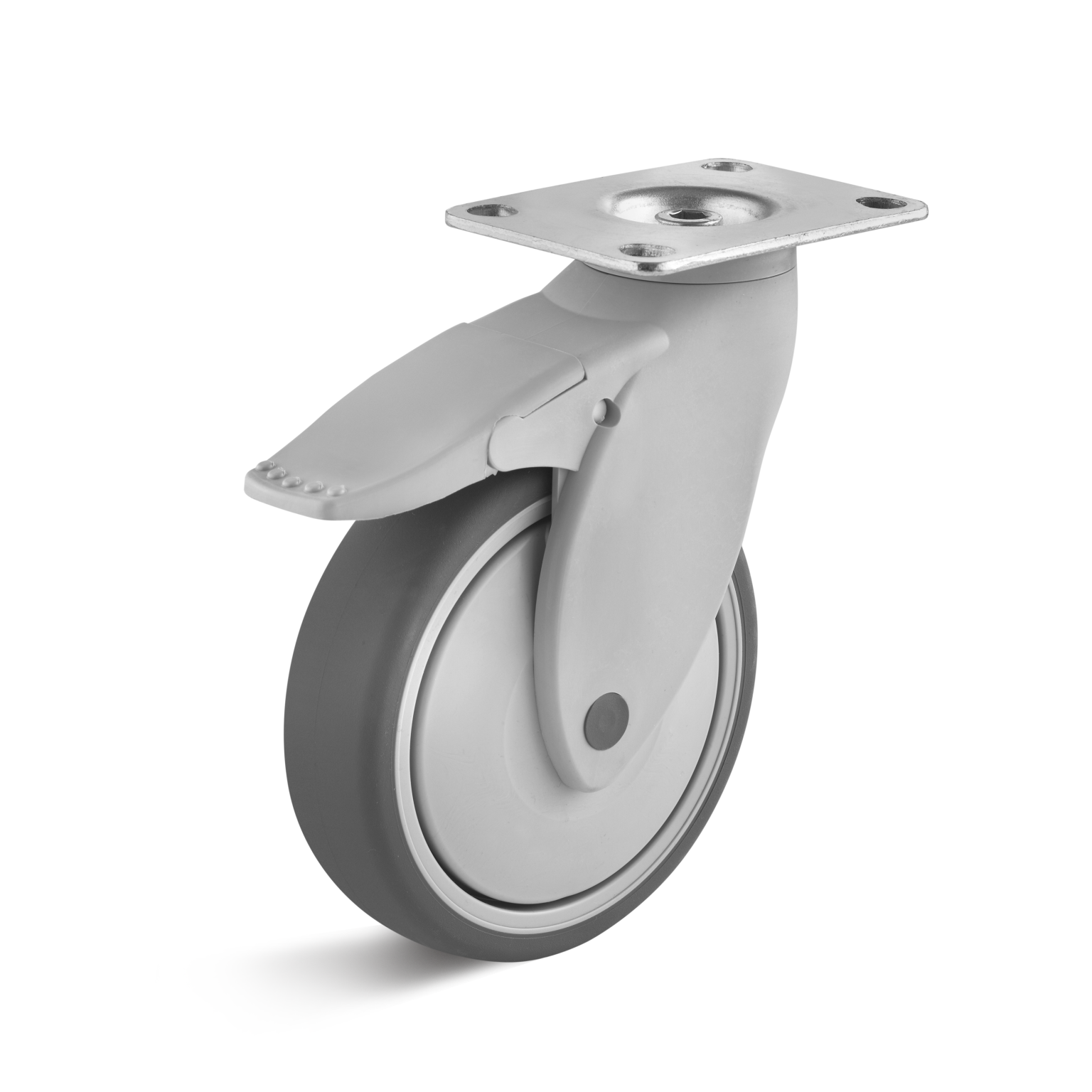 A swivel castor with a grey rubber wheel mounted on a metal plate. It features a foot-operated brake lever for securing the position. The background is plain and white, emphasizing the castor.