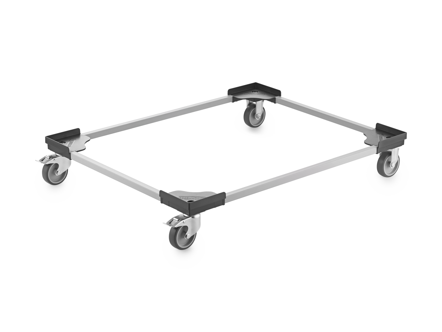A square transport platform features four mounted wheels at each corner. The lightweight metal frame supports movement, with rubberized wheels enhancing maneuverability on smooth surfaces. The background is plain.